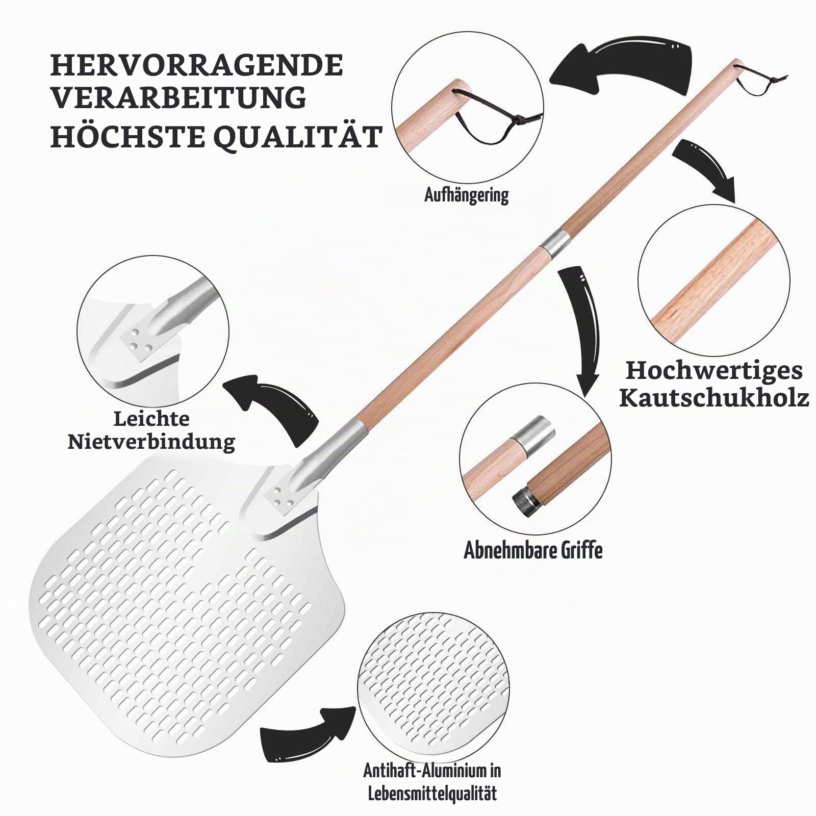 Gute Perforierter Pizzaschieber,Pizzaschaufel,Hart Aluminium Pizzawender,3 Set 138cm Lang,Große Pizzaschieber mit abnehmbarem langen Holzgriff, Pizzaheber für Backofen a