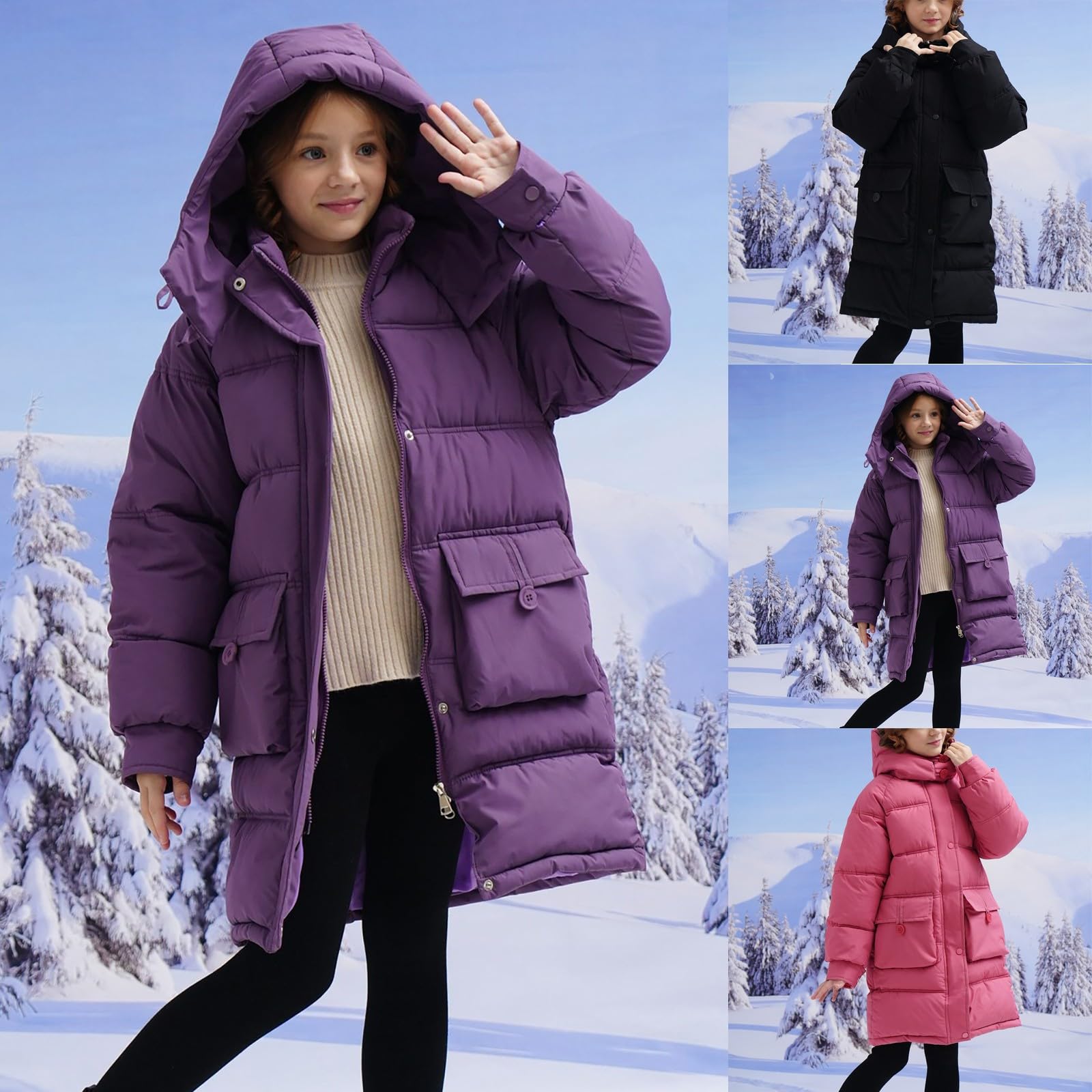 Veste matelassée à capuche pour fille avec fermeture éclair légère et unie - Manteau d'hiver chaud à fermeture éclair coupe-vent - Parka d'extérieur coupe-vent