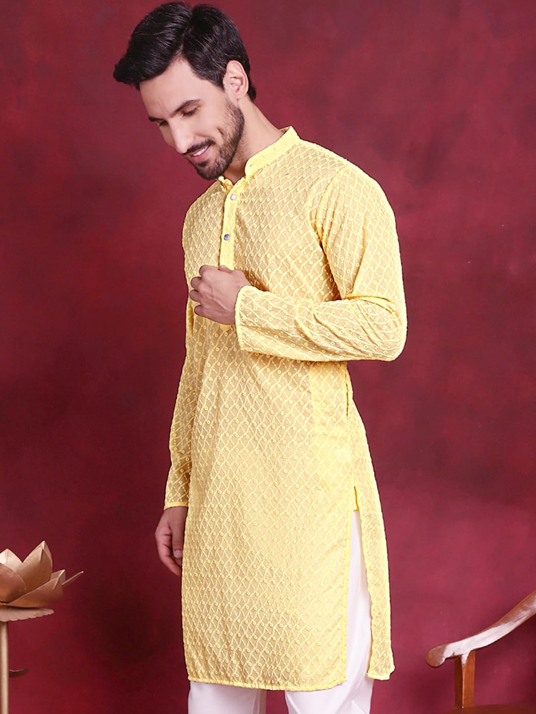 Jompers Chikankari Pure Cotton Kurtas For Men (Yellow, M)