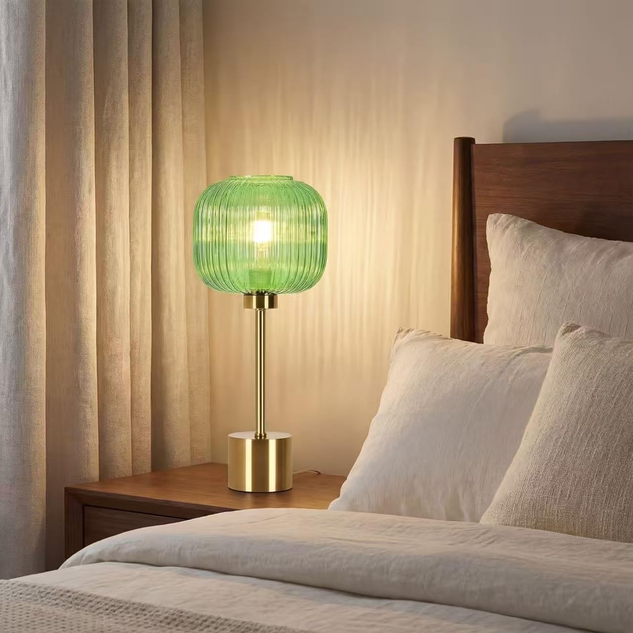 Green Glass Table Lamp with 3 Way Dimmable and Touch Control, Mid Century Modern Vintage Bedside Table Lamp for Bedroom Living Room End Table