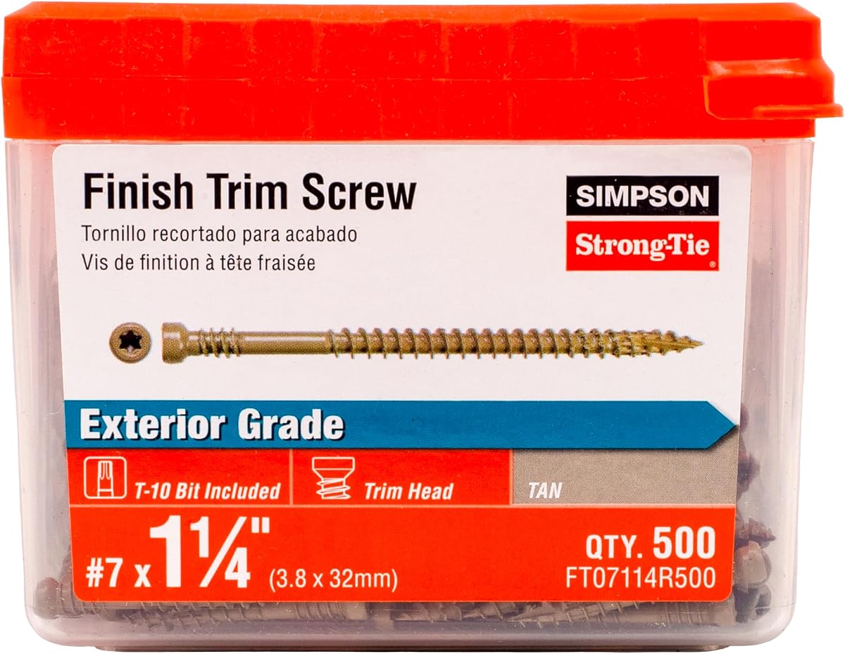 Simpson Strong-Tie FT07114R500 Tornillo de ajuste de acabado - #7 x 1-1/4 pulg. Destornillador de 6 lóbulos T10, revestimiento Quik Guard, punta de diente de sierra, visibilidad mínima del sujetador, color canela (500 unidades)
