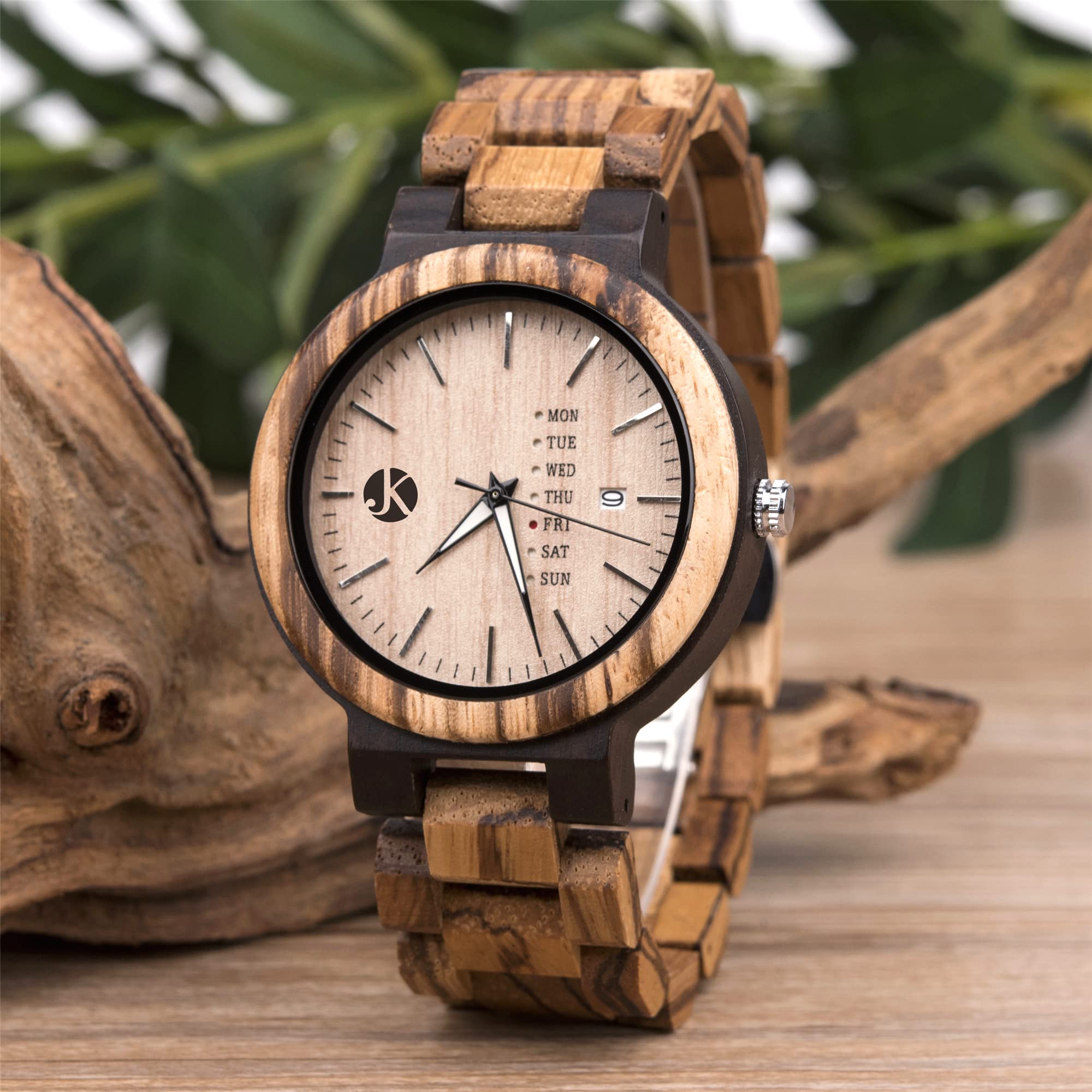 Kim Johanson Herren Holz-Edelstahl Armbanduhr *Light Week* mit Datum- & Tagesanzeige Handgefertigt Quarz Analog Uhr Vegan inkl. Geschenkbox