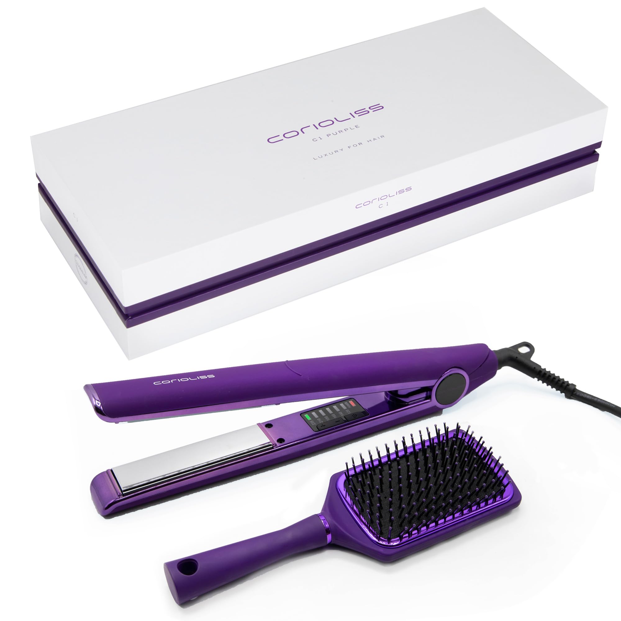 Corioliss C1 | Kit Plancha del pelo Profesional y Padle | Placas de titanio | Alisado y Ondas | Temperatura ajustable 120º-235º | Calentamiento 20 seg |funda de Viaje | Purple