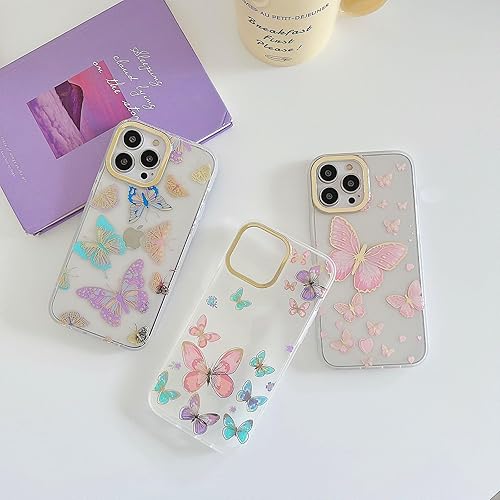 Miniatura 6 de Funda transparente con purpurina para iPhone 15 Pro Max para mujeres y niñas, bonito patrón de mariposas doradas, rosa y azul, funda protectora