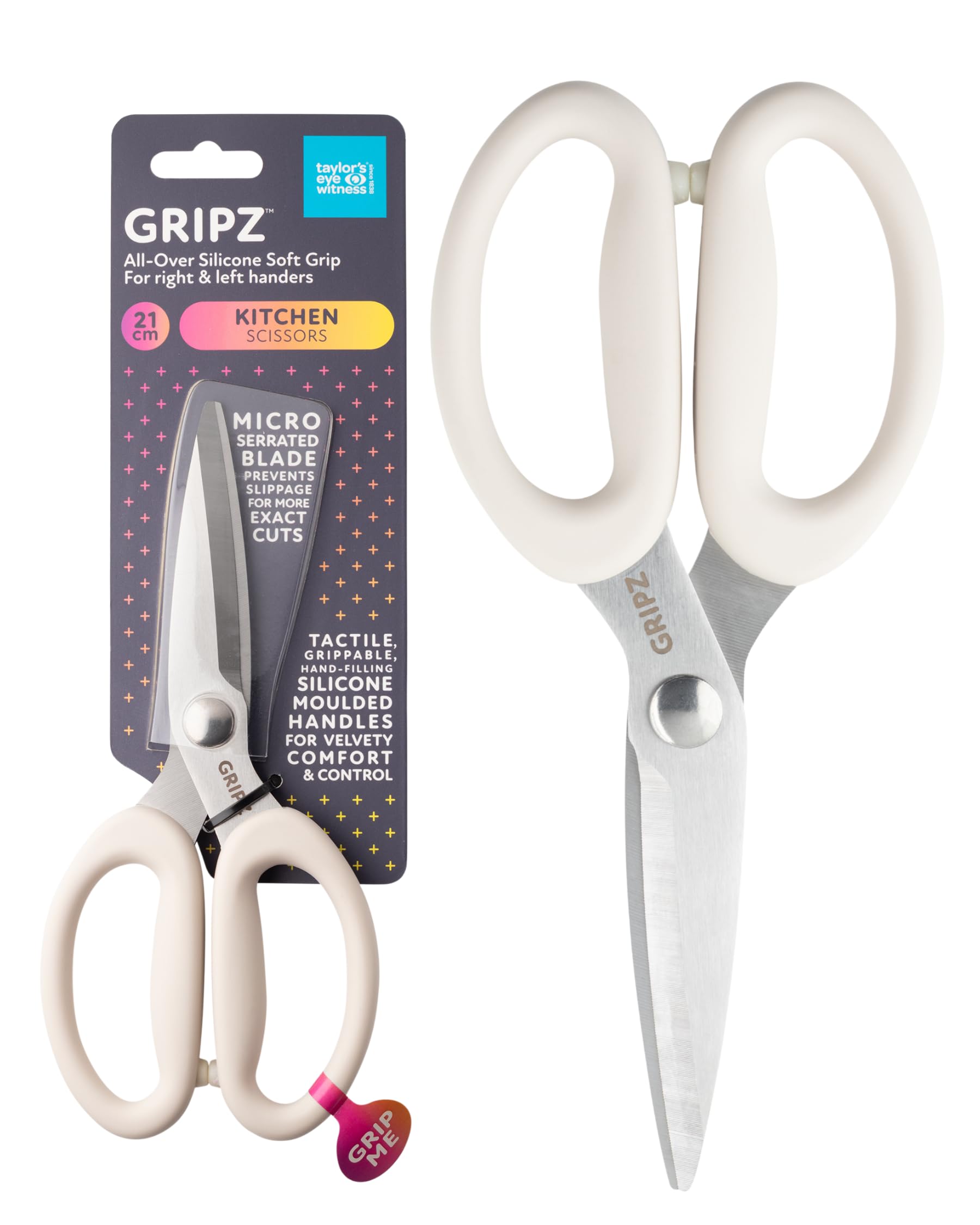 Taylors Eye Witness Gripz 21cm Kitchen Scissors Oyster – Micro-Serrated Stainless Steel Blades, Soft Grip Silicone Handles, Ambidextrous Food & Cooking Scissors for Everyday Kitchen Use