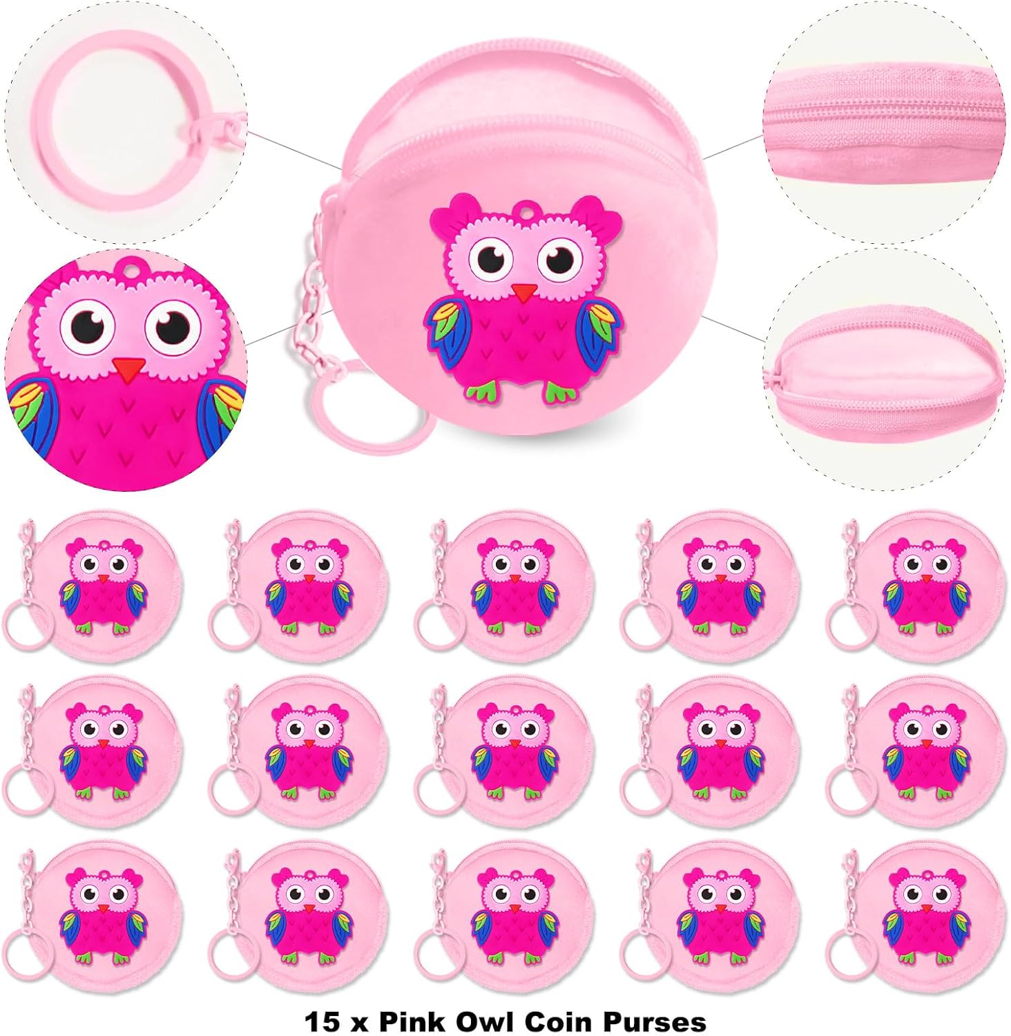 15 Pack Pink Owl Coin Purse with Zipper Keychain,Wallet Bag Party Favors for Owl Birthday Party Decoration, Animal Themed Baby Shower, School Carnival Rewards, Travel, Classroom Prize - Image 2