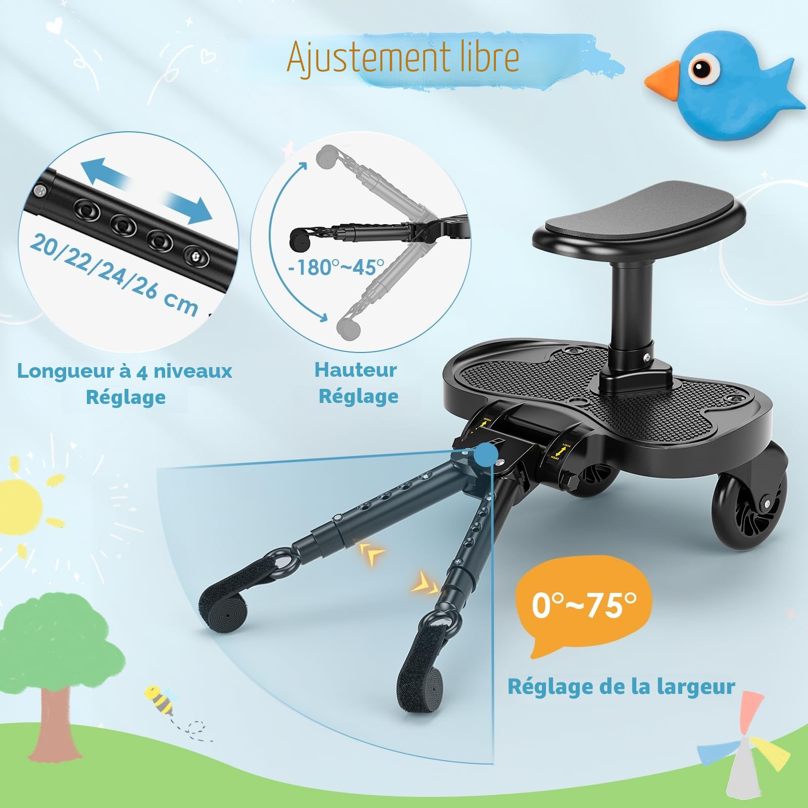Planche Poussette Universelle, Marche Pied Poussette Universelle avec Siège, Compatible Avec 99% des Poussettes, Planches à roulettes pour Enfants de 2 à 6 Ans (25KG)
