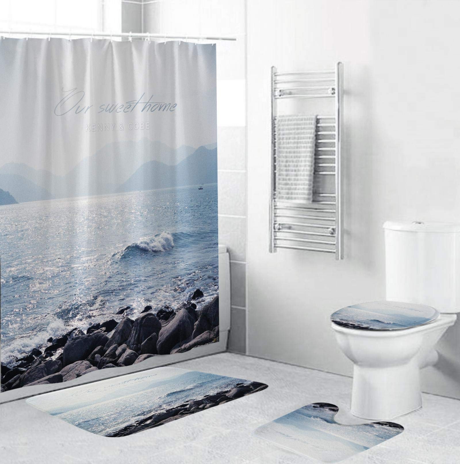 Sunny ocean beach fabric shower curtain bathroom curtain set coastal coral reef non-slip carpet toilet cover cover mat