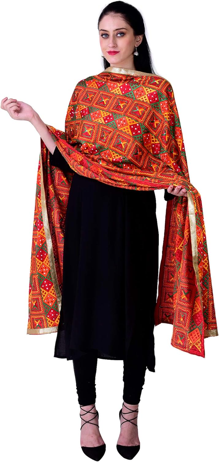 Women's Phulkari Dupattas Fashion Scarf Hand Embroidered in Amritsar, Punjabi Fulkari Design, Size 2.25 m, Orange - Image 2