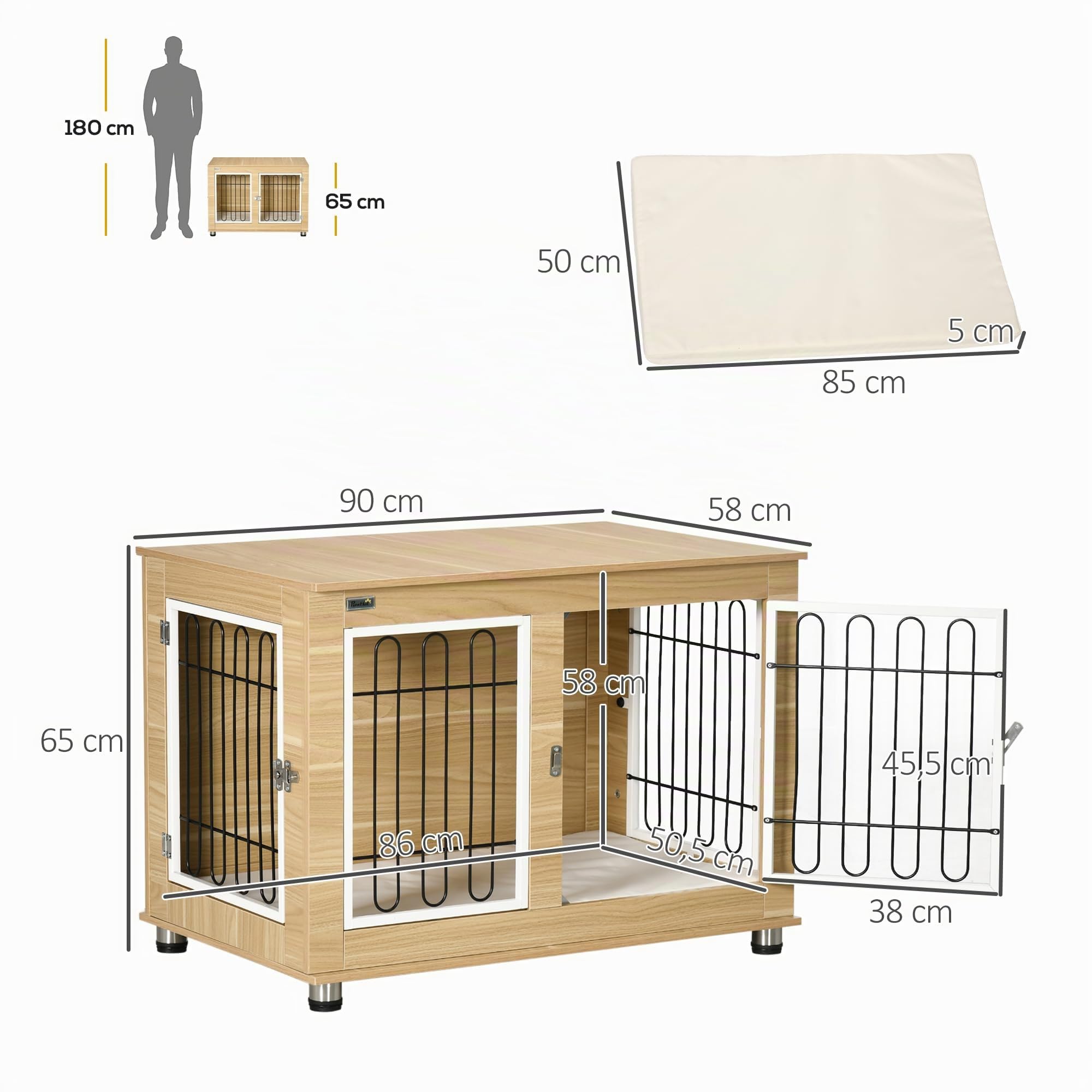 PawHut Jaula para Perros, Muebles con 2 Puertas, Cojines, 2 Cierres, Caja de Metal para Perros para el hogar, Interior, caseta para Perros Grandes de hasta 25 kg, Mesa Auxiliar para Perros, 90 x 58 x