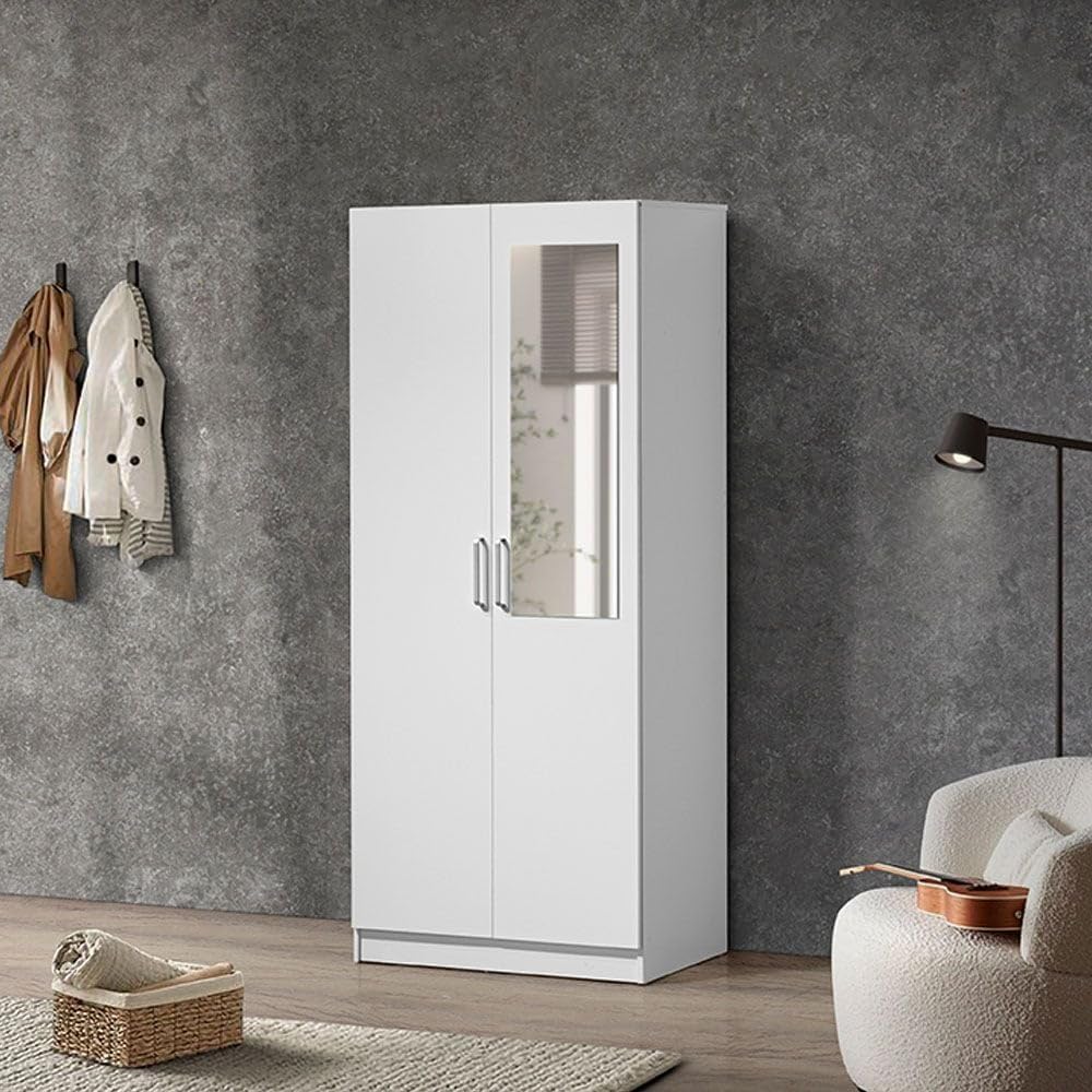 Danube Home Supreme 2 Door Wardrobe With Mirror | Extra Sturdy Closet, Clothes Storage Cupboard | Modern Design Space Saving Swing Door Cabinet For Bedroom L80xW52xH190cm - White
