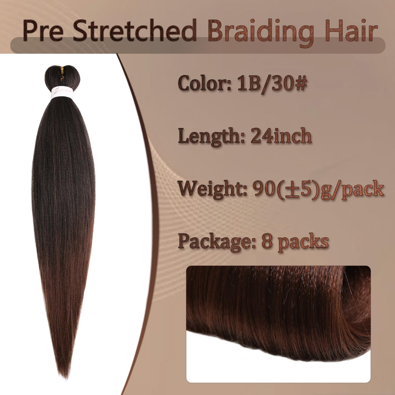 Ombre Braiding Hair Pre Stretched 24 inch 8 Packs 1B/30# | Easy to Braid, Soft Yaki Texture, Hot Water Setting, Pre Stretched Braiding Hair, Ombre Braiding Hair, Hair for Braids