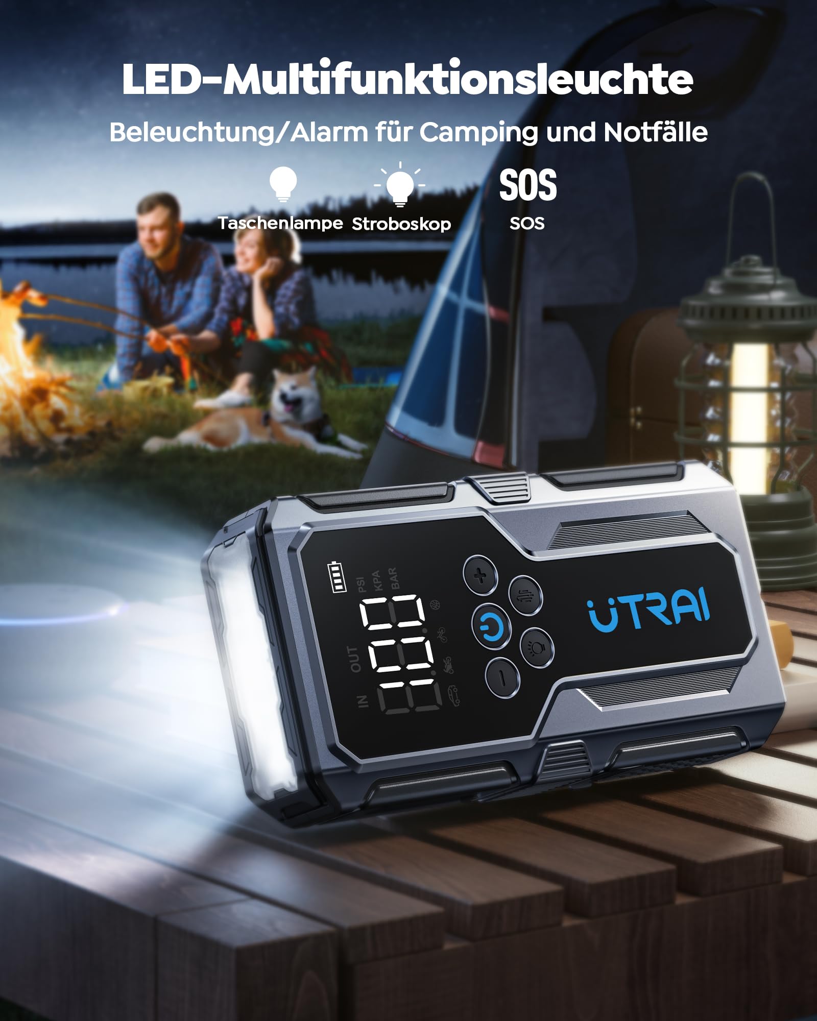 UTRAI Starthilfe Powerbank für Pkw 4500A, 15000mAh Booster Auto Starthilfe mit Kompressor, 18W Schnellladung, Taschenlampe, Zwangsstart, Jump Starter Bis zu 8.5L Benzin, 6.5L Dieselmotor
