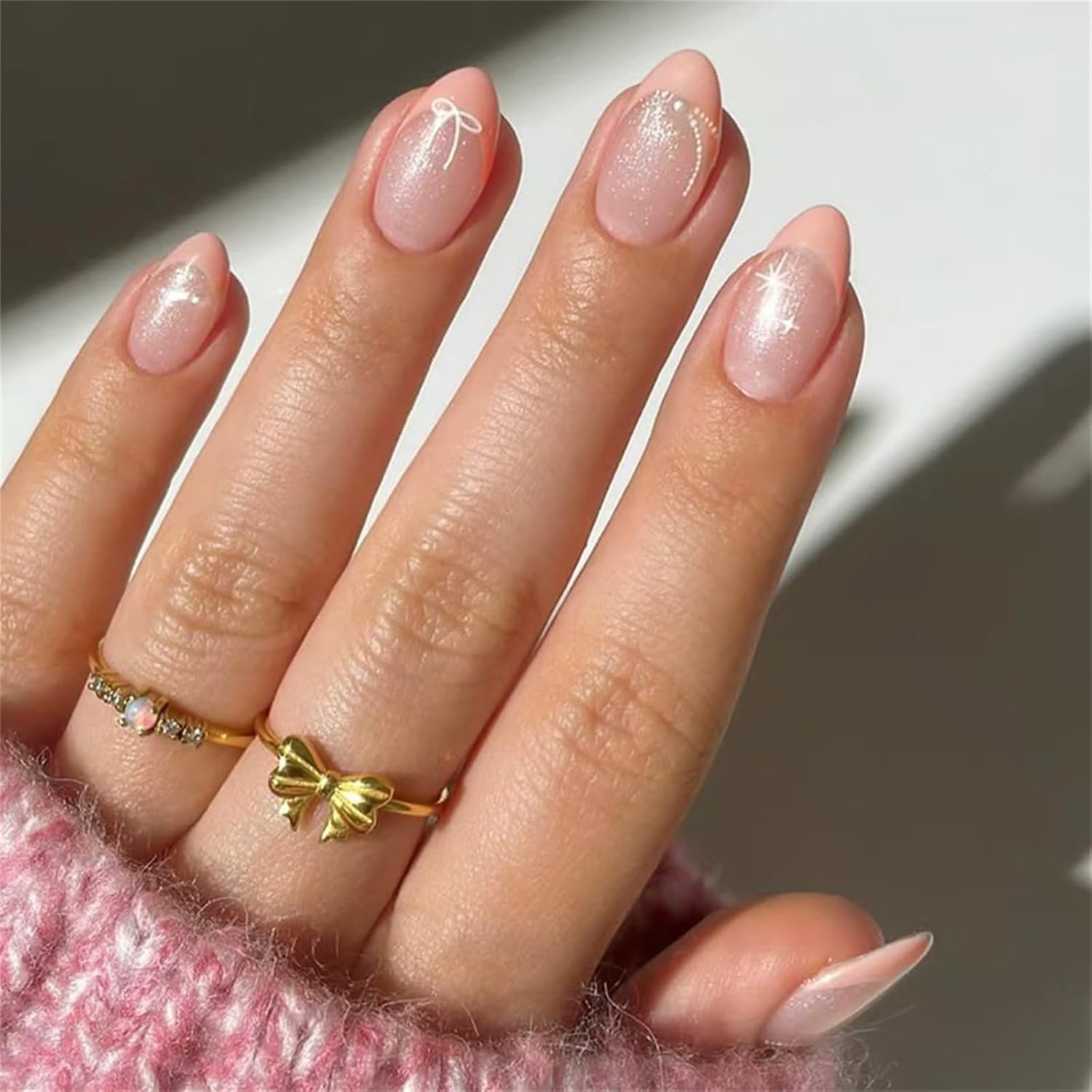Kriga 24 Reusable Artificial Fake Nail Set| Peach Dark Tip With Bow And Star Design With Pearl Almond Shape Press On Glossy Nails| Lightweight & Long Lasting| Quick Fix For Festivals & Special Occasions-image-2