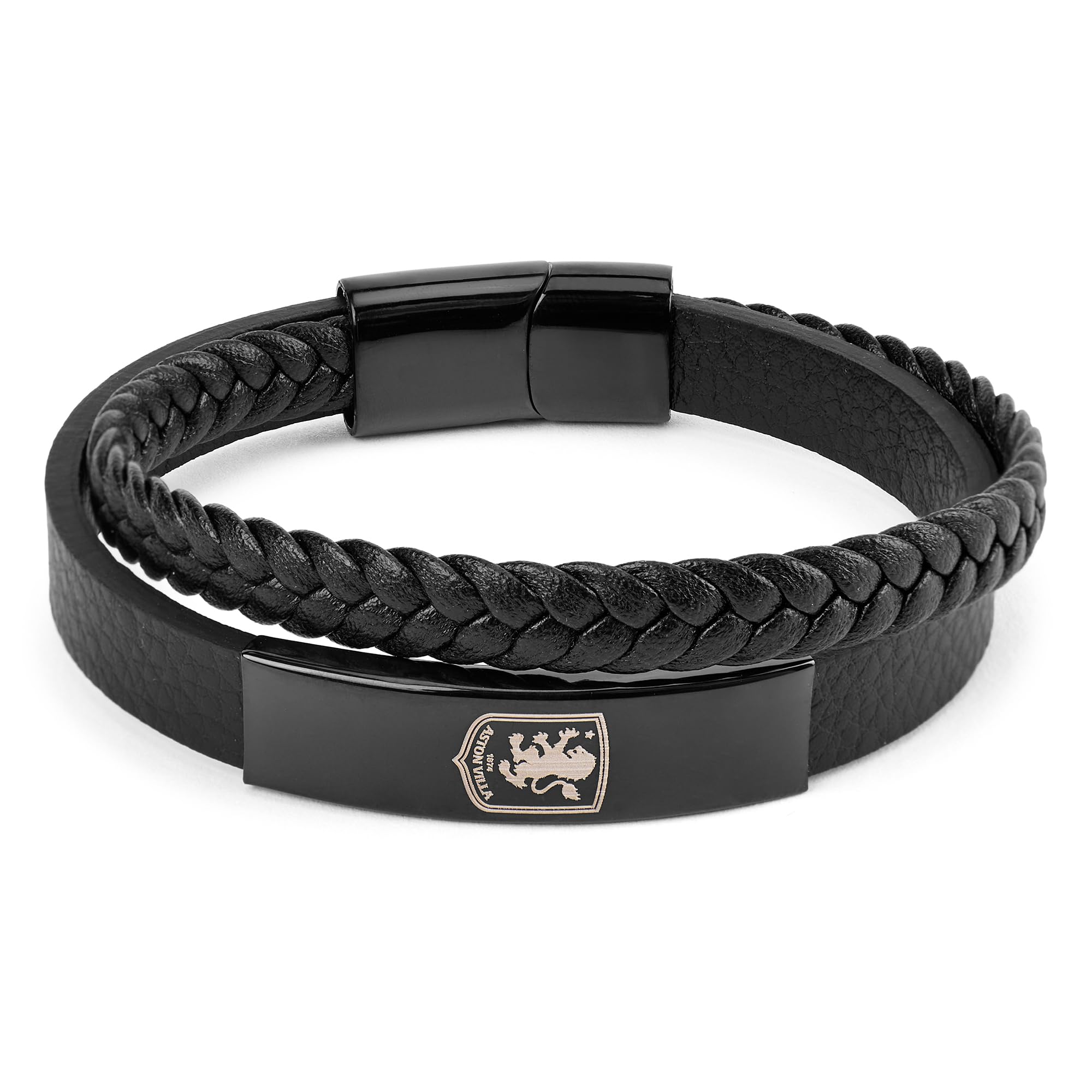 Aston Villa Official Mens Leather Bracelet – Twin Strap Black IP Wristband with Engraved Crest – Secure Magnetic Clasp – Ideal AVFC Football Gift