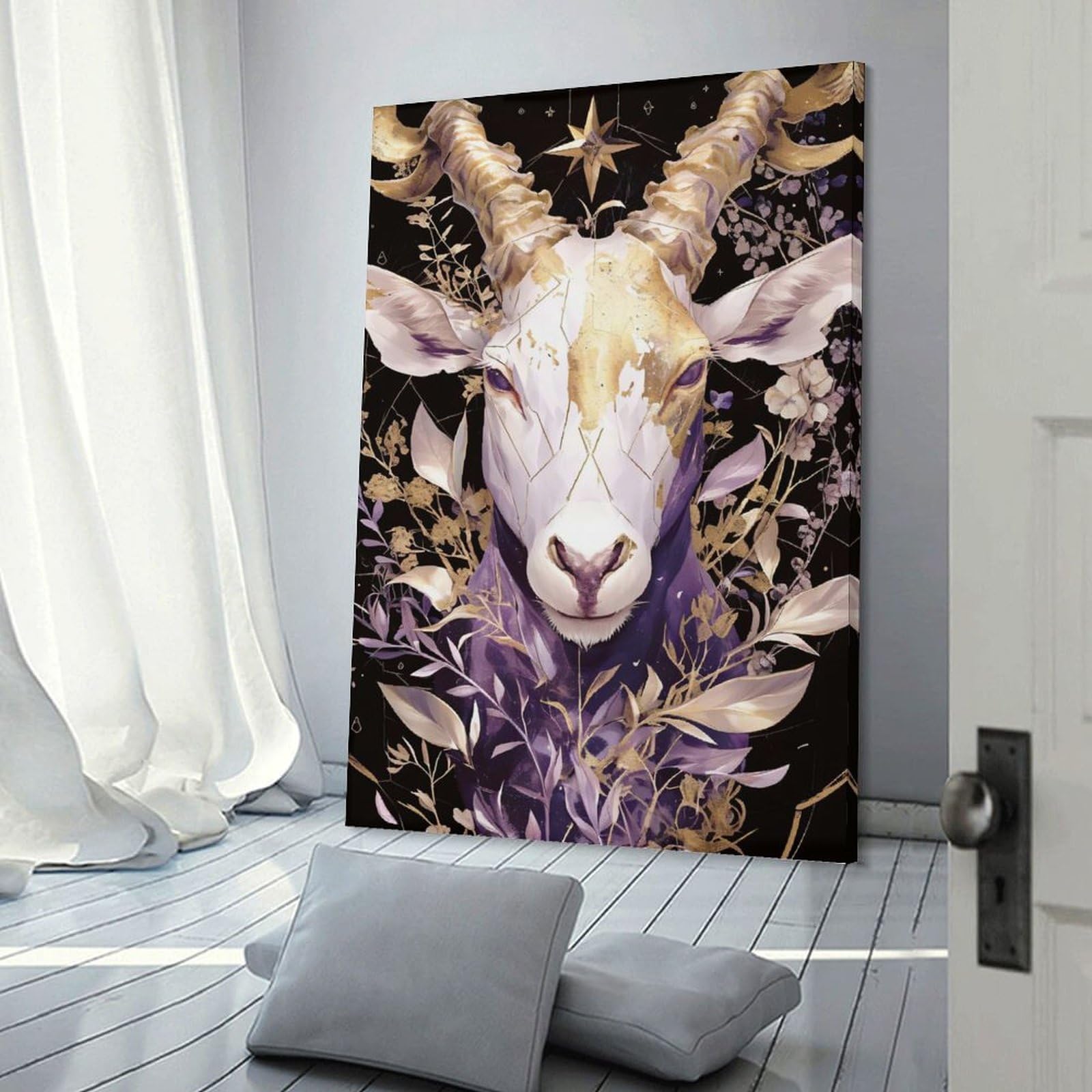 Junmoney Frame-Style-11-2 Mystical Goat With Golden Horns And Flowers Home Decor Wall Art 24X36inch(60X90cm), For Gallery Wall Layouts In Home Or Office, A Versatile Canvas Print For Layering