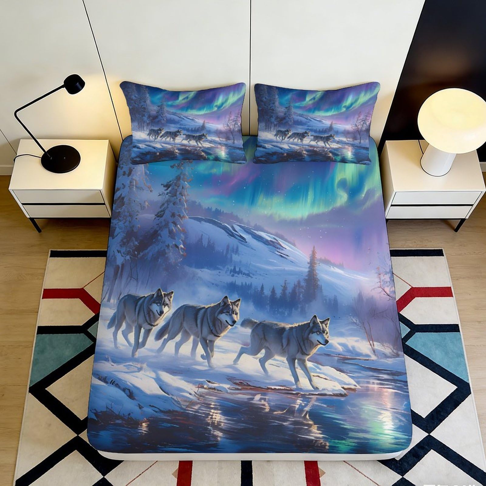 3D Printed Aurora Wolf Fitted Sheet Microfiber Non-Slip Deep Pocket Bedroom Bedding Aurora Wolf Mattress Fitted Cover 200x200x25cm