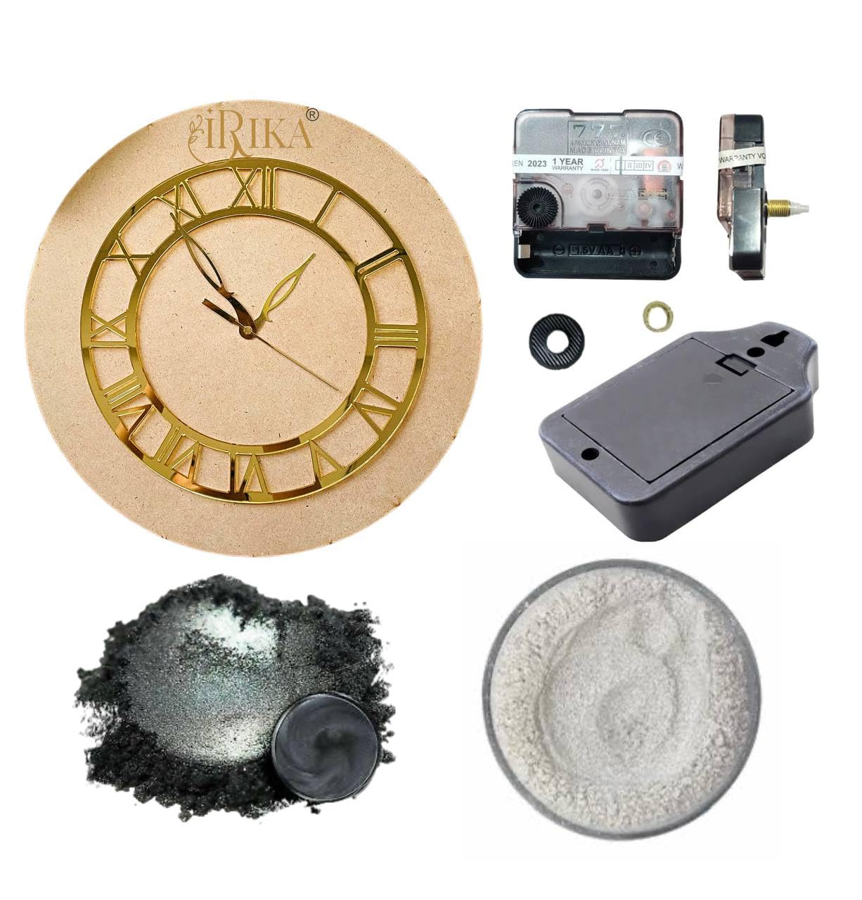 DIY Clock Making Kit | 12-Inch MDF Round Base + 10-Inch Gold Roman Ring + Silent Clock Machine & Stand + Pearl Powder Pigments (White & Black – 10g Each) | Resin Art Craft Kit-image-34