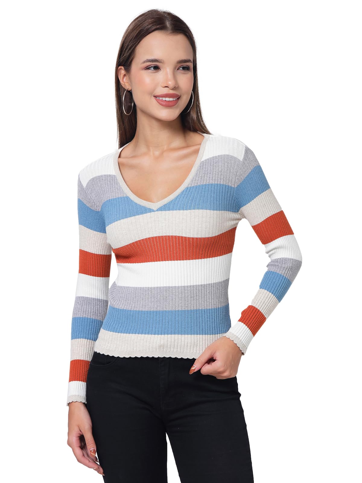 kalt Women Full Sleeves V-Neck Ribbed Knitted Sweater-picture-57