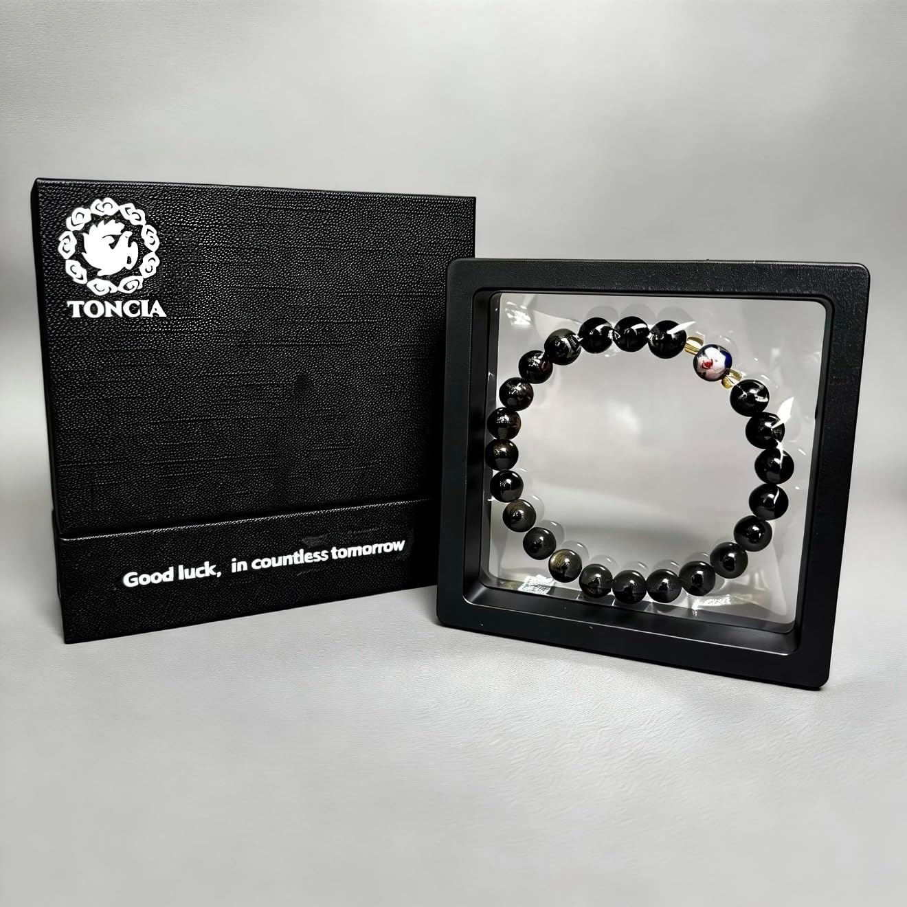 TONCIA Black Obsidian Bracelet for Women, 8mm Natural Obsidian Beads with Handmade Cloisonné Enamel Accent, Gift-Ready Healing Crystal Bracelet for Protection & Positive Energy