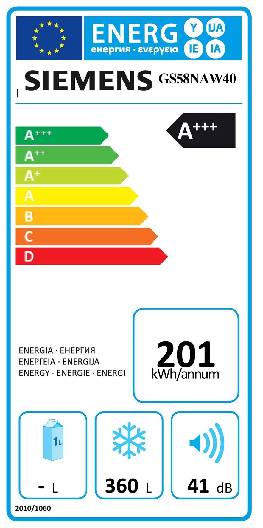 Siemens GS58NAW40 congélateur - congélateurs (Autonome, Droit, Droite, A+++, Blanc, 4*)
