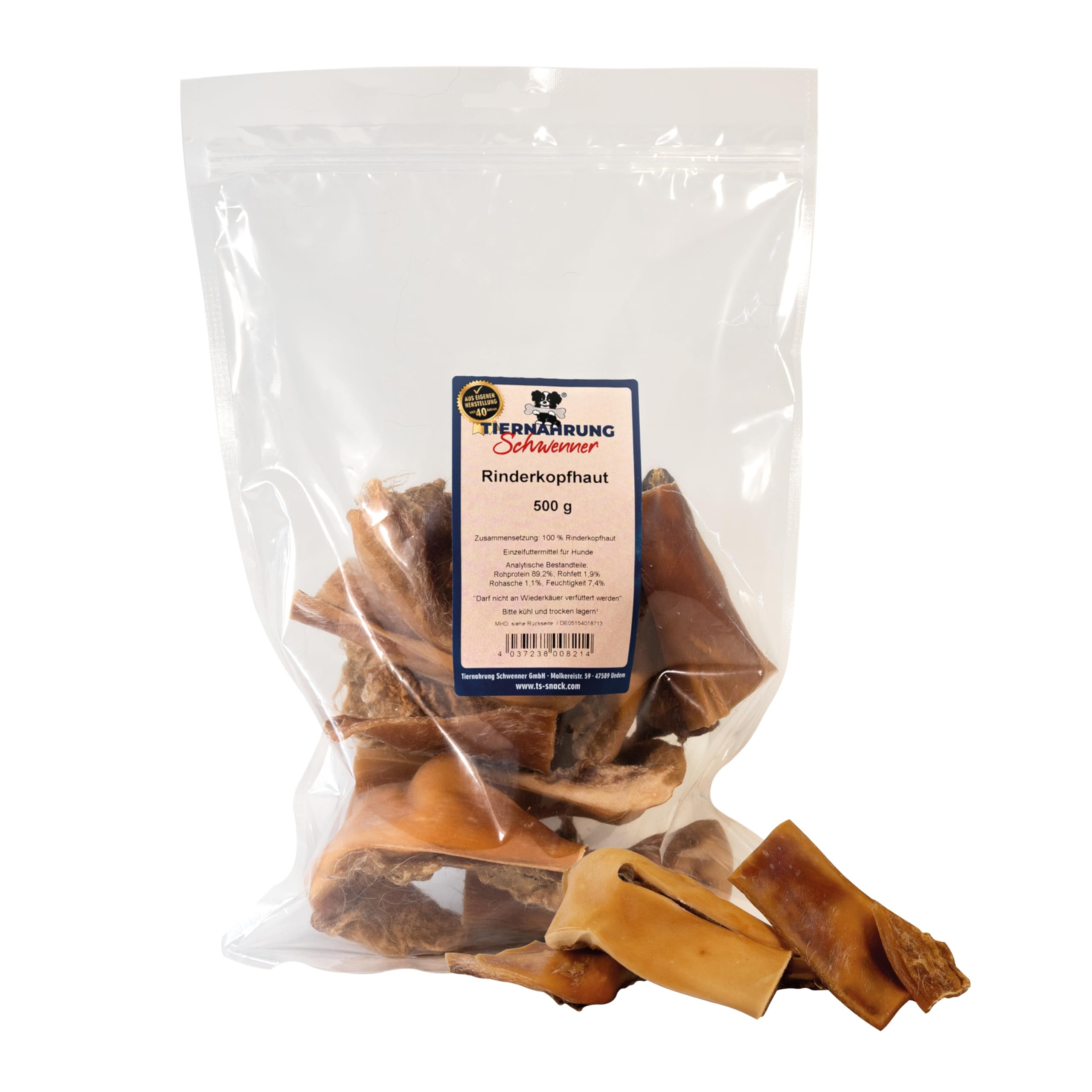 Tiernahrung Schwenner - Kurze Rinderkopfhaut für Hunde getrocknet – Dog Snacks – Hunde Zahnpflege – 500g 8-18 cm