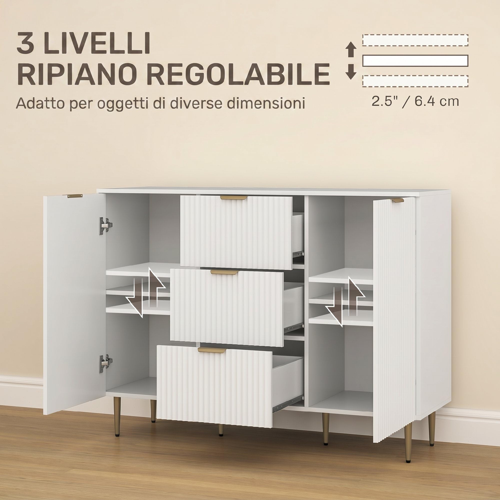 HOMCOM Credenza Cucina Buffet Moderna 3 Cassetti 2 Ante 120x40x90 cm Bianco | 2 Armadietti, Ripiani, Piedini Regolabili, Mobile Cucina, Madia Soggiorno Moderna, Ingresso, Legno
