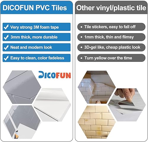 Miniatura 4 de DICOFUN Protector contra salpicaduras de 10 hojas de espiga para despegar y pegar, aspecto de madera blanca vintage, PVC para salpicaduras para