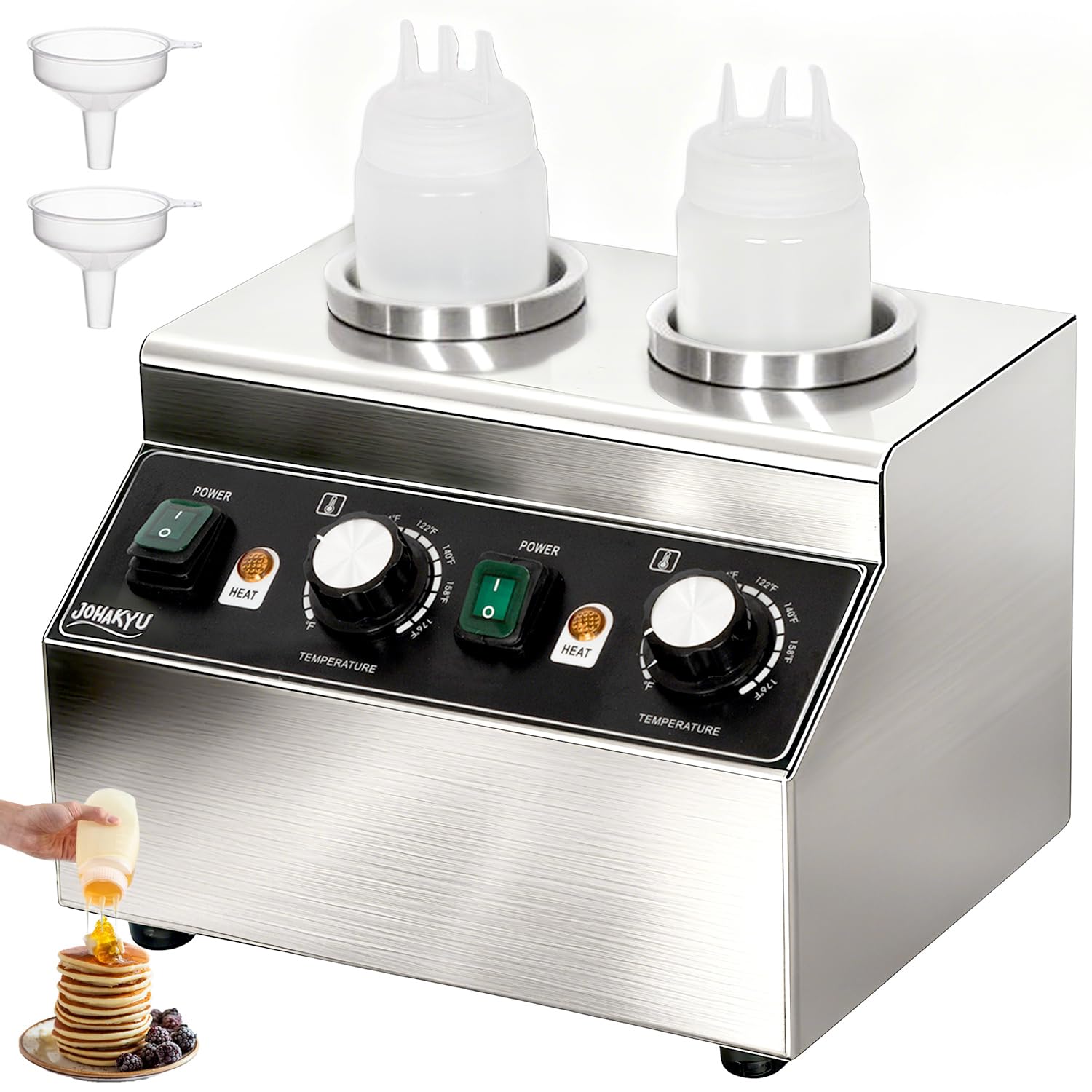 JOHAKYU Commercial Electric Sauce Warmer Dispenser – Stainless Steel Countertop Hot Fudge/Nacho Cheese Warmer with 2×650ml Squeeze Bottles and 2