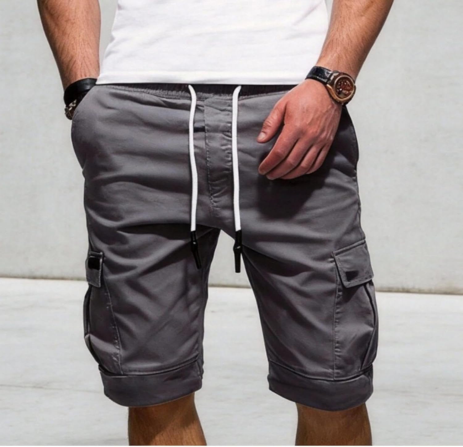 Mens Casual Twill Cargo Shorts Drawstring Classic Chino Stretch Short with 6 Pockets