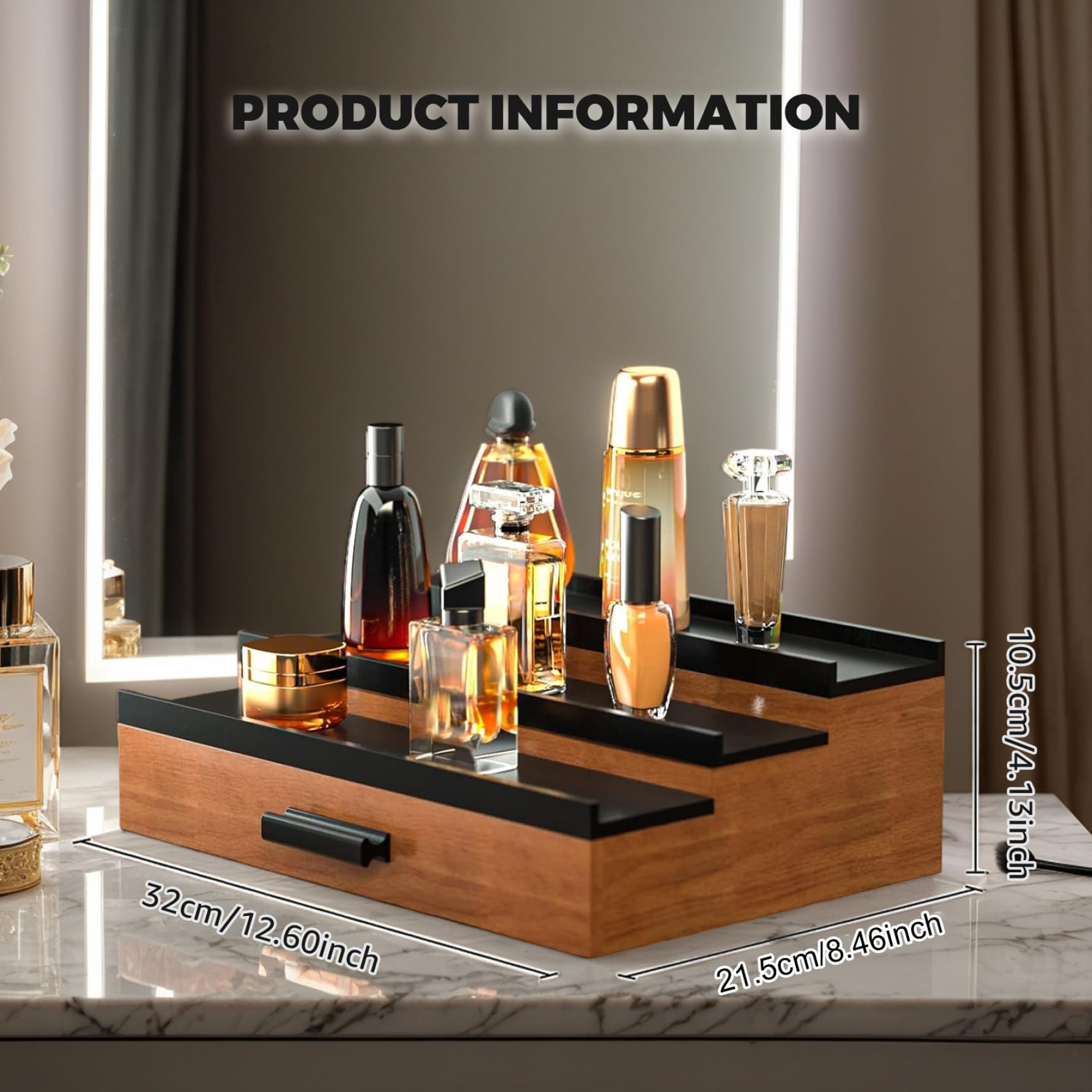 Organizador de perfumes, soporte de madera para colonia de 13x8x4 pulgadas con cajón, soporte de exhibición de perfume de 3 niveles con asa, estante retro de colonia para el hogar, tienda, organizado