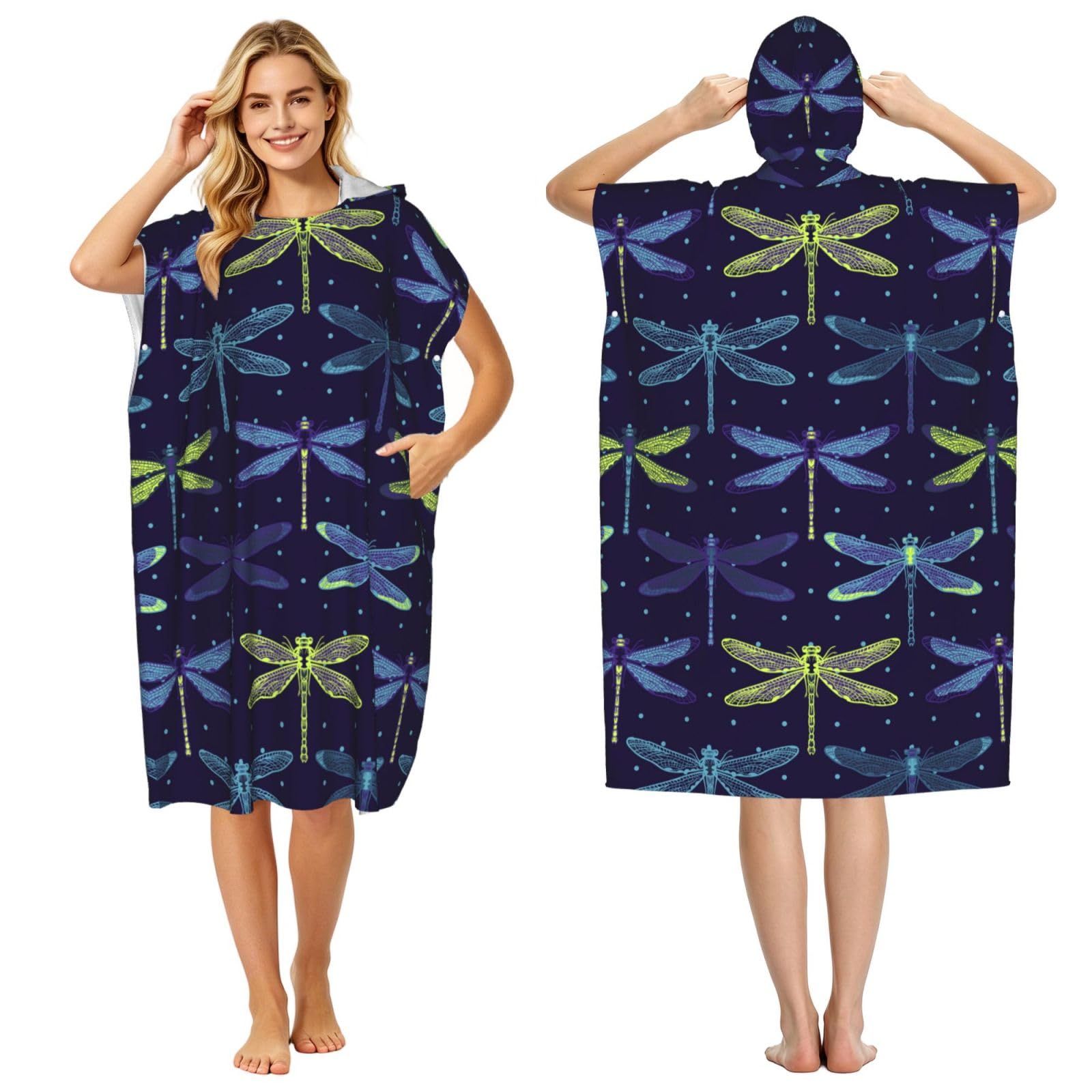 Poadnly Dragonflies, Adult Hooded Beach Towel 90 x 110 cm,Changing Bath Robe, Surf Poncho Towel For Women Men