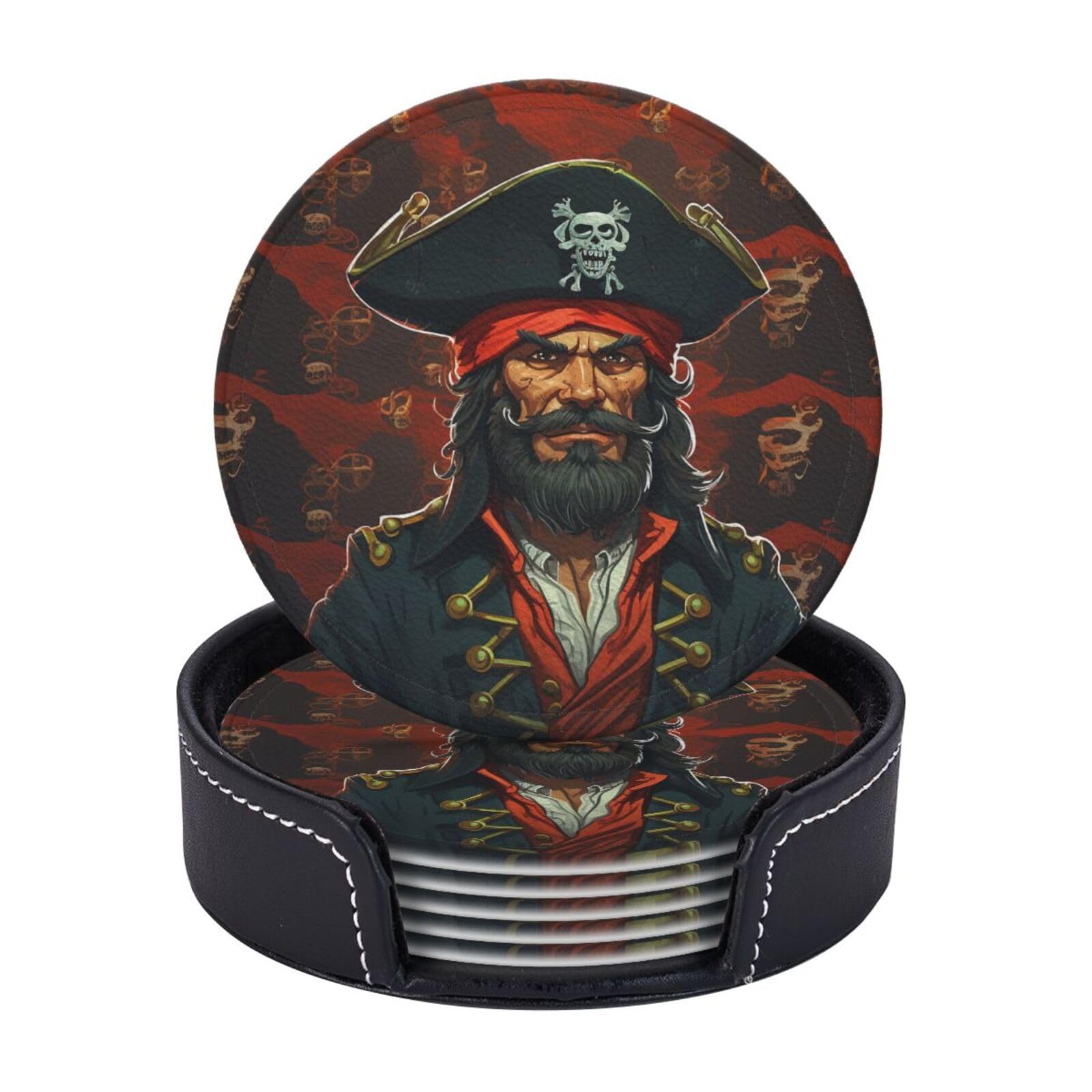 6Pcs PU Leather Coaster for Drinks, Pirate Captain Cup Coasters with Holder, Aesthetic Drink Coasters for Coffee Table, Round Coaster for Tabletop Protection 4" Cup Mat Pad