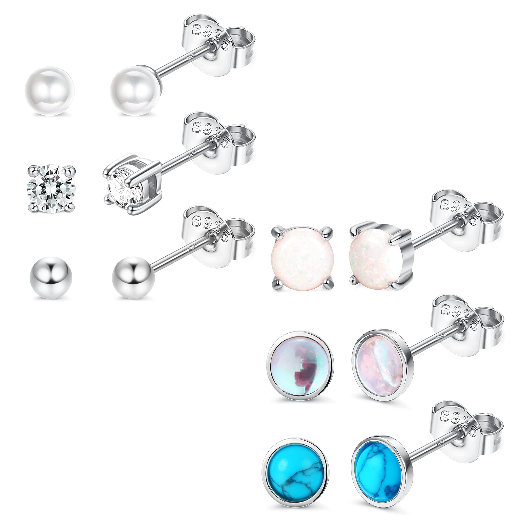LOLIAS 3 MM 925 Pequeños Pendientes Piedra Lunar Plata de Ley Aretes para Mujeres Adolescentes CZ Piedra Perla Hipoalergénicos Ópalo Pendientes Turquesa Aretes Redondos Gemas Regalo para Hija