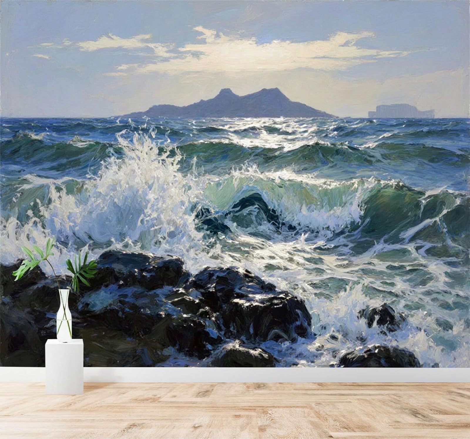 XLMING Waves Crashing Against Rocks Islands Blue Sky Coastline Scenery 3D Wallpaper Silky Texture Home Study Office Grey Dining Room Sofa Bedroom Living Room TV Backdrop-300cm×210cm