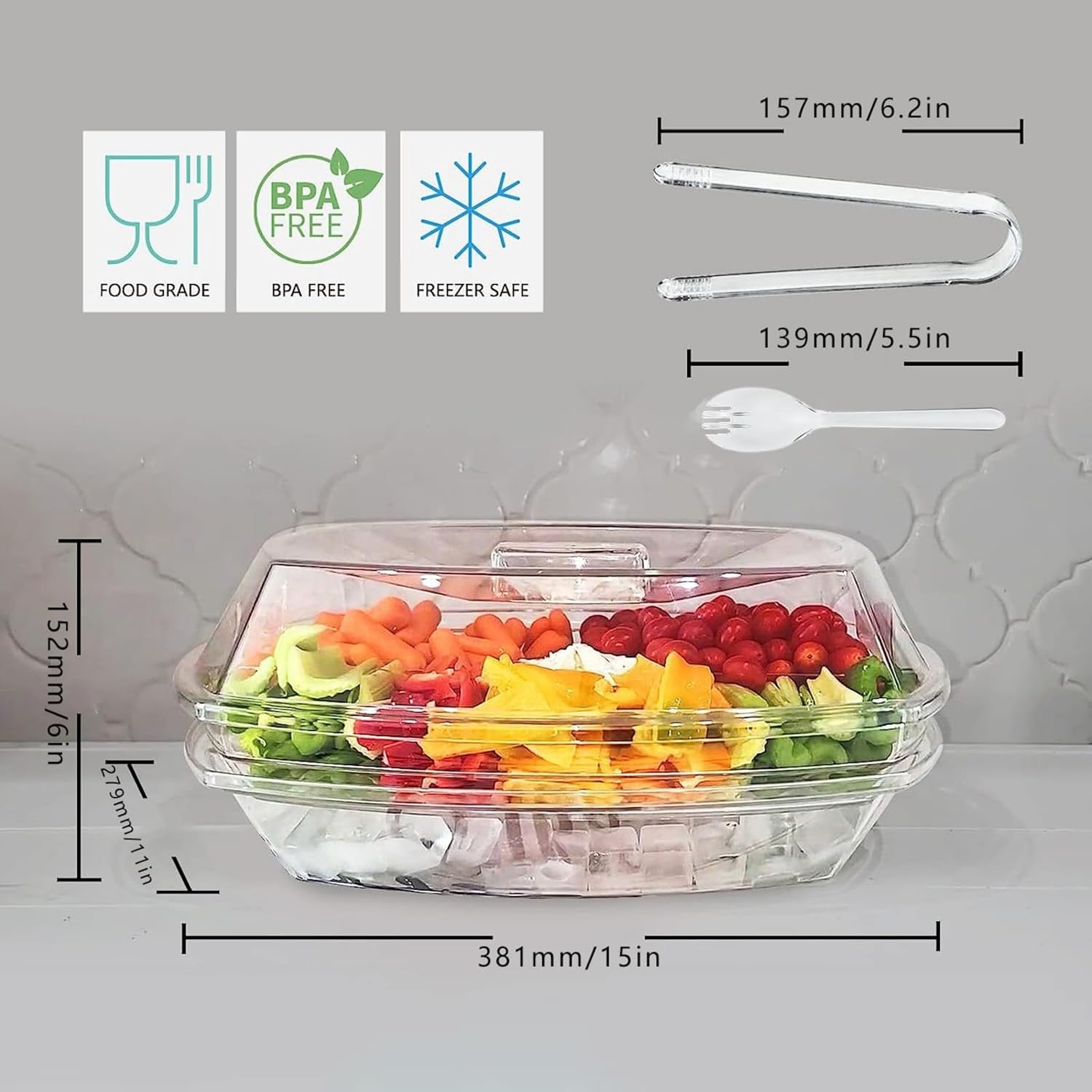 Ice Chilled Condiment Caddy with 5 Containers, Ice Chilled 5 Compartment Condiment Server Caddy, Storage Food Containers Serving Tray Platter for Bar Accessories, Fruit, Salad, Taco, Party(B)