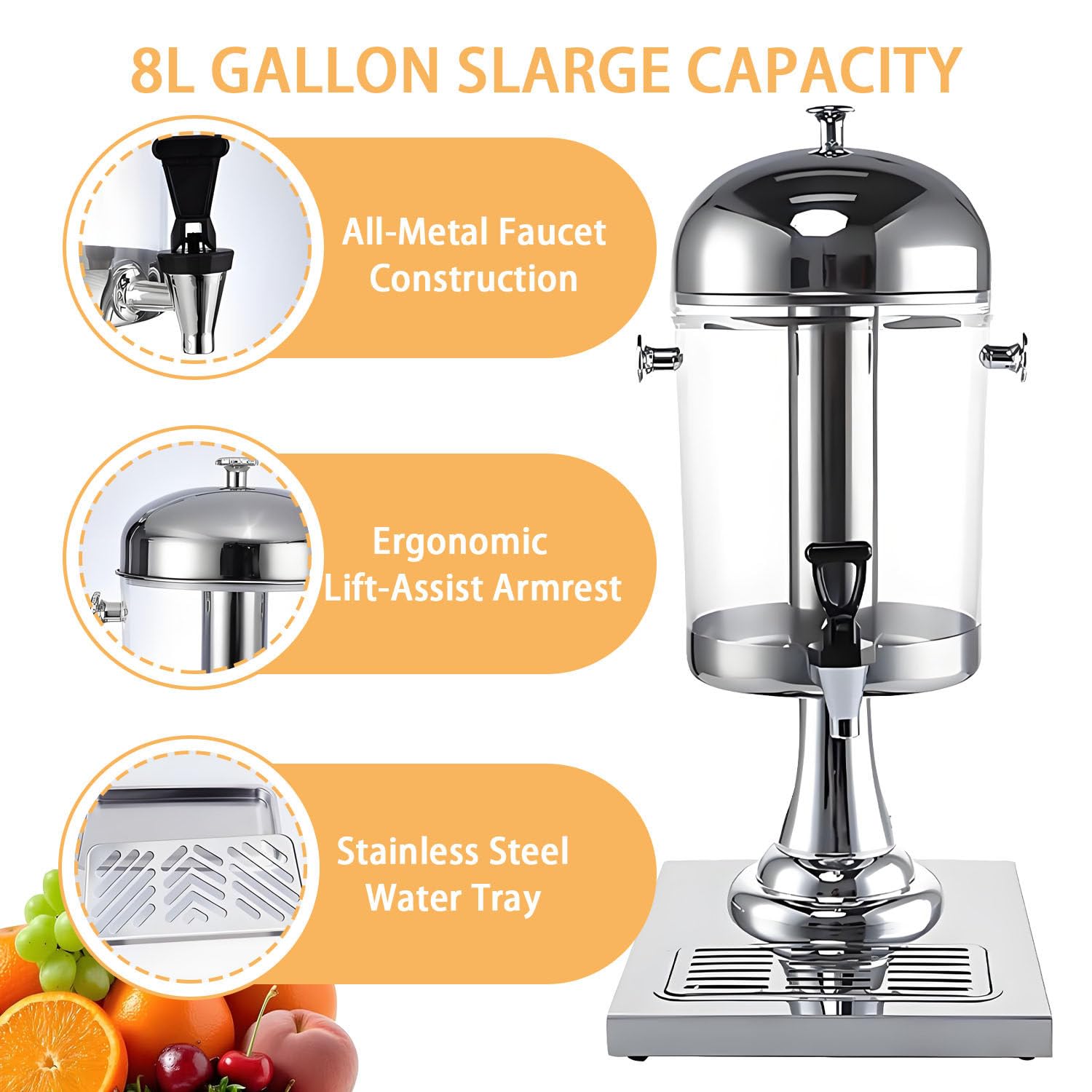 Dispensador de zumos fríos y Calientes, con núcleo Central para Hielo y bandejas antigoteo, Ideal para Fiestas, Pubs, cafeterías, restaurantes, hogares y hoteles. Silver-Threehead