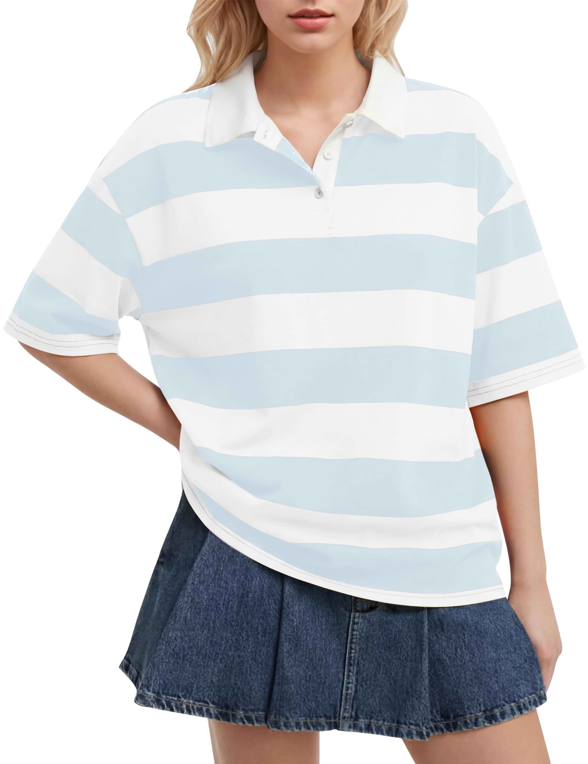 Women's Striped Polo Shirt Oversized Short Sleeve Rugby Shirt Button Collar, Loose Drop Shoulder, Y2k Pullover T Shirt, Casual Summer Streetwear Top