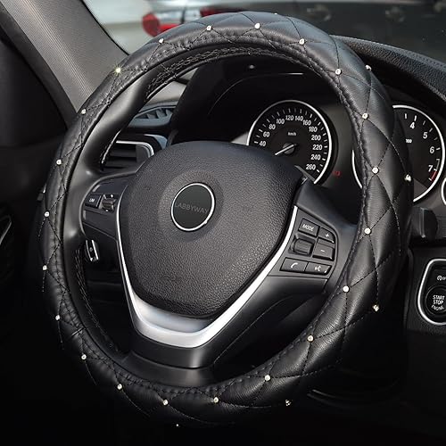 Miniatura 3 de LABBYWAY Funda para volante de piel con diamantes de imitación brillantes, ajuste universal de 15 pulgadas, funda para volante de automóvil para