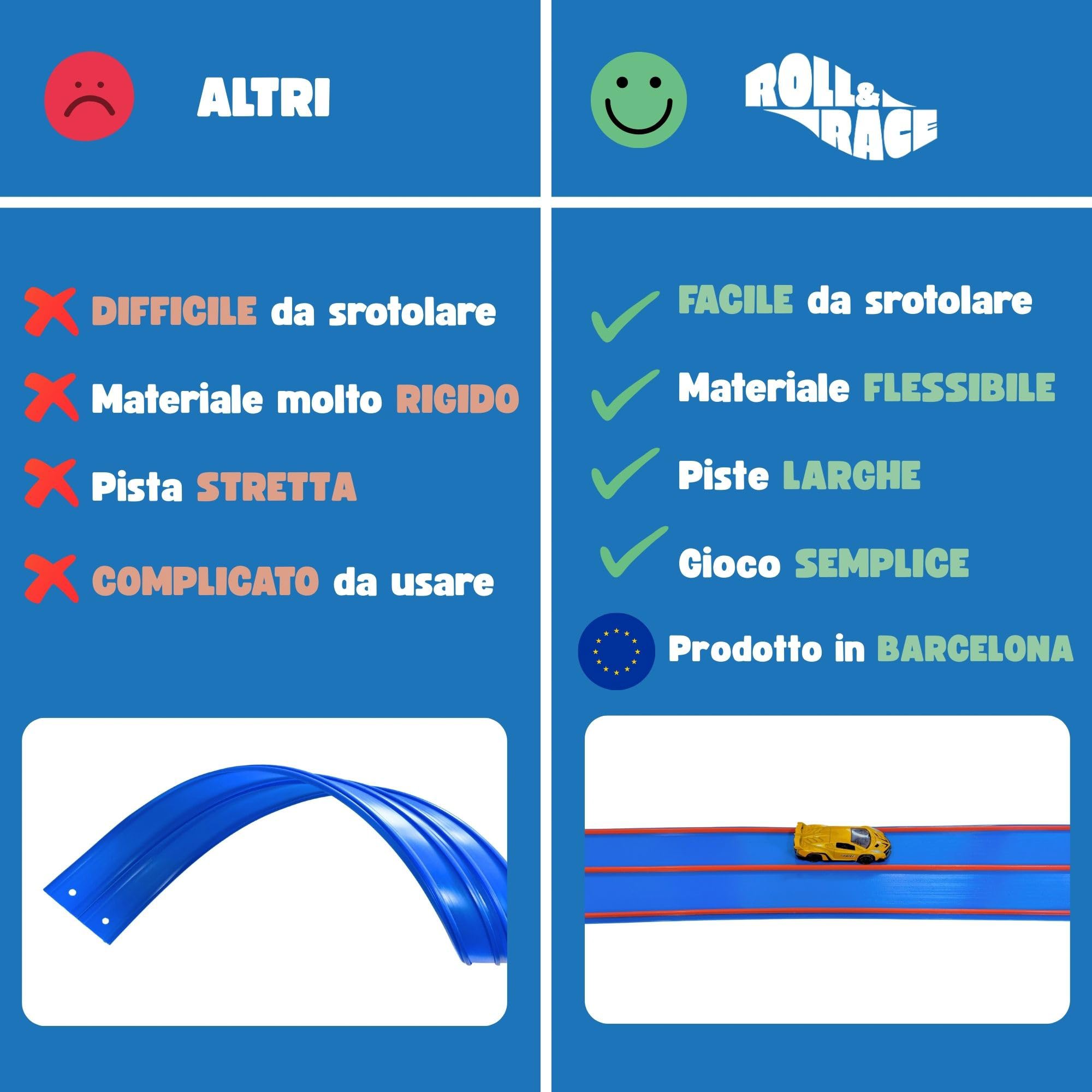 RollAndRace Pista Macchine Flessibile 400cm - Made in EU - Flexible Car Track - Gioco Bambino - Piste Car Wheels - Circuito di Corse per Bambini - Astuccio per il trasporto incluso