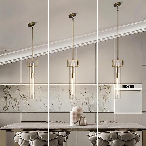 Miniatura 4 de Moderno juego de lámparas colgantes grandes doradas de 2 a 21.6 pulgadas con pantalla de vidrio y acabado de latón, iluminación de isla de granja