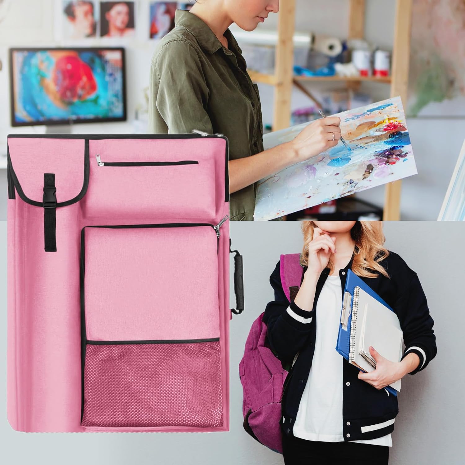TreochtFUN Art Bags for Supplies Portfolio Case 19 X 25.5 In for Storage A2 Canvas Board A3 Sketchbook - Carrying Artwork with Backpack & Tote-handle