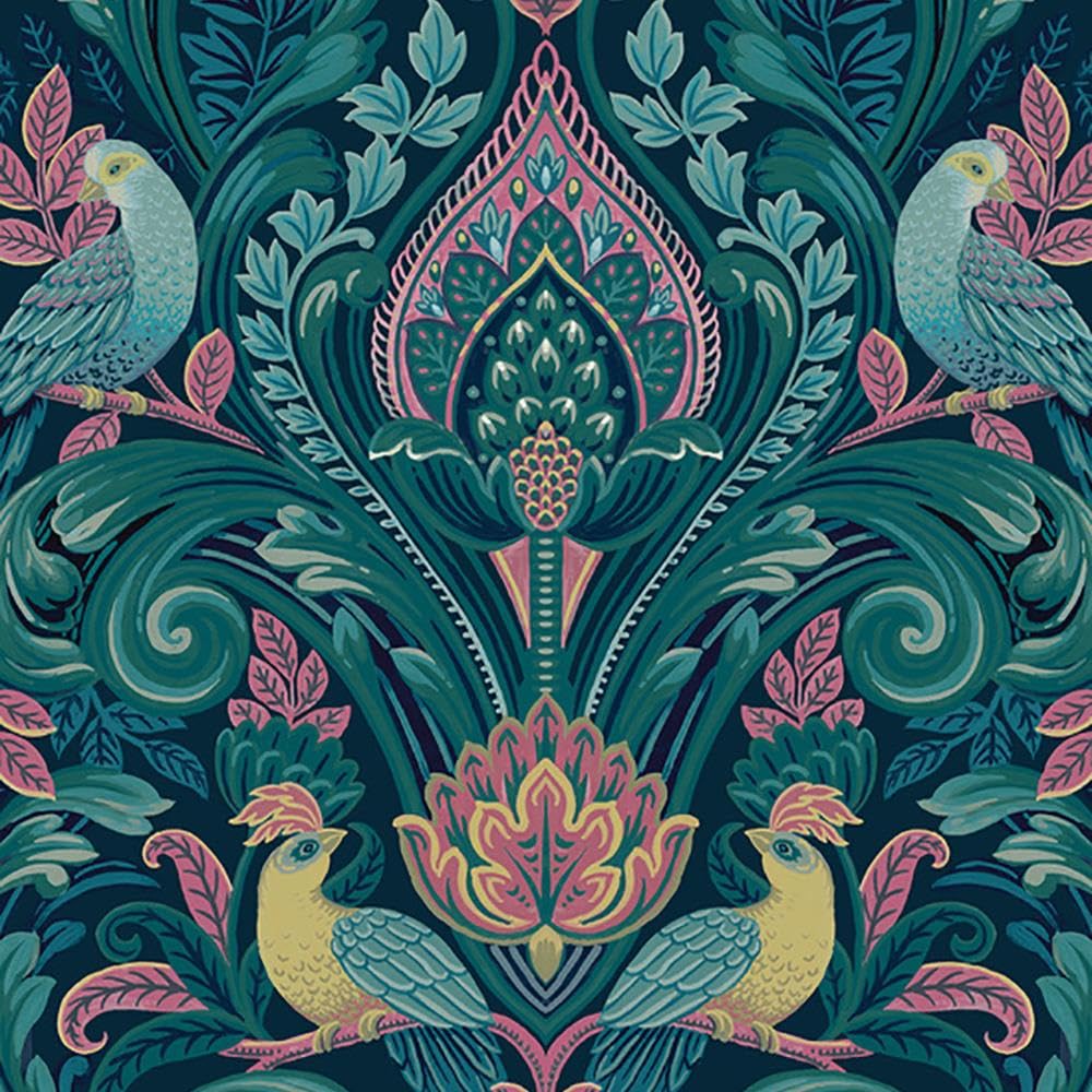 Yöl Pink Arcadia Naturistic Wallpaper - Botanical Birds Leaves Teal Modern - Textured Paste The Wall Vinyl