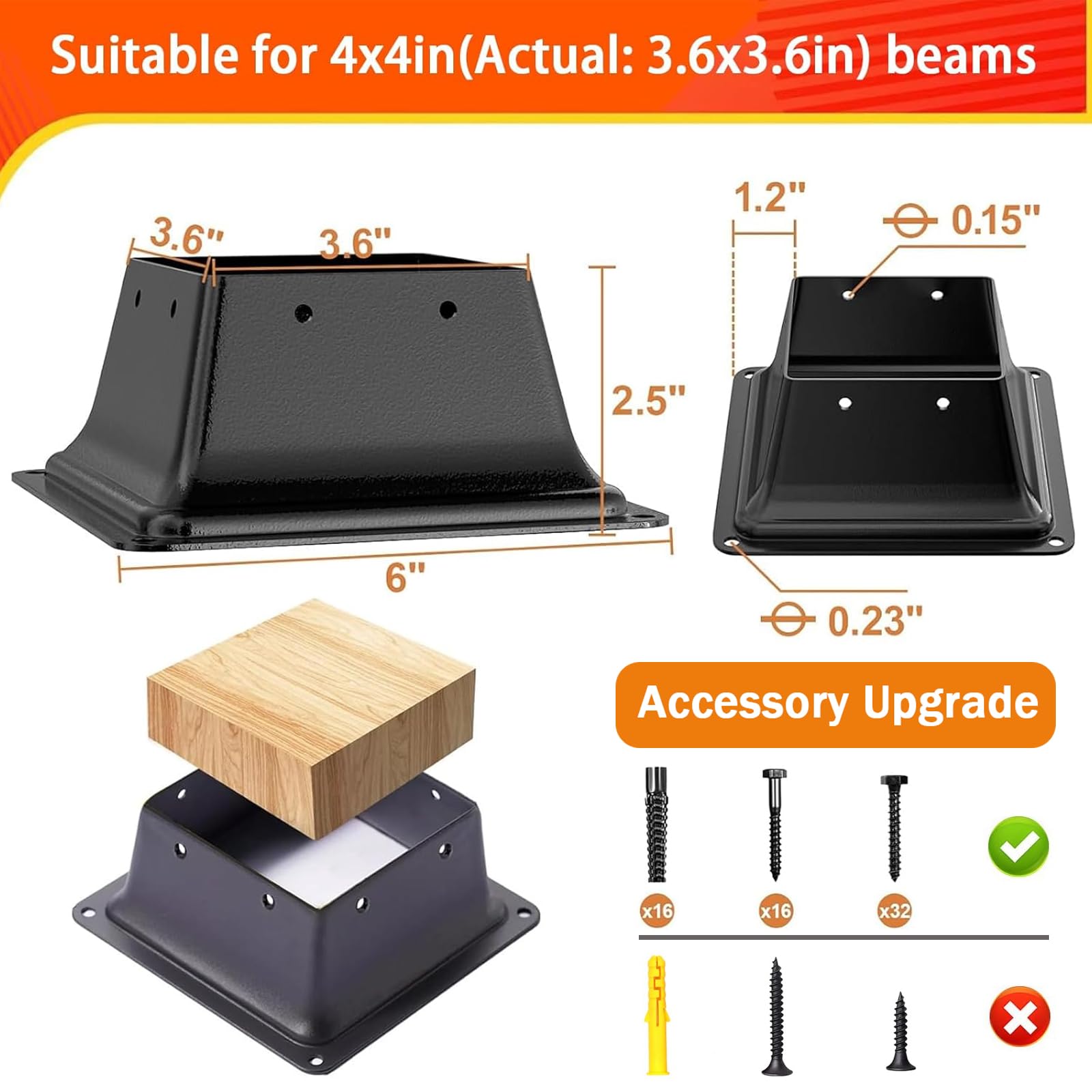 4x4 Post BasePcs-Inner Size 3.6x3.6-Heavy Duty Metal Post Brackets-Deck