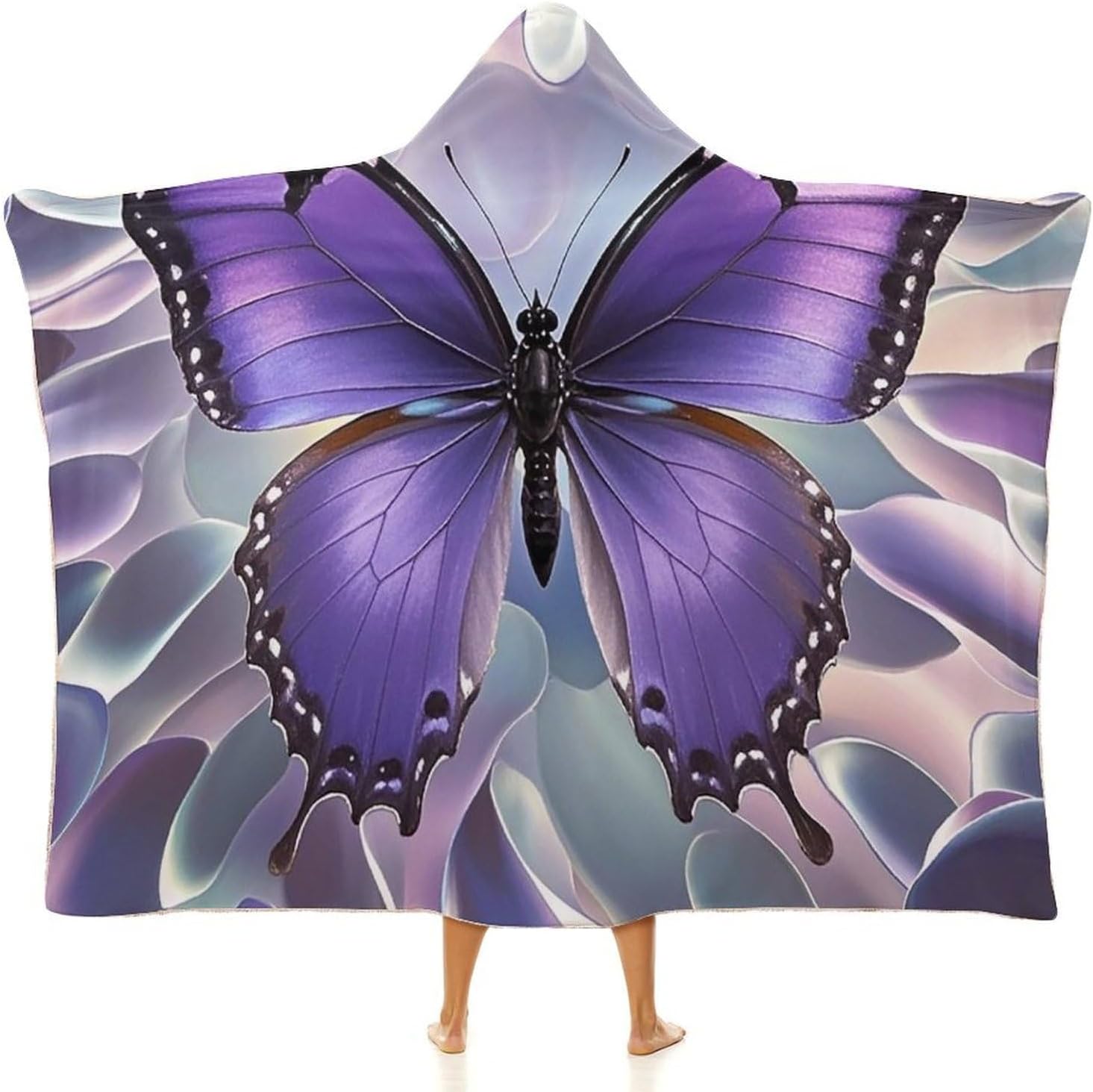 Beautiful Purple Butterfly Art Wearable Fleece Blanket with Hood for Men & Women Oversized Hoodie Blanket Soft Cozy Gift-