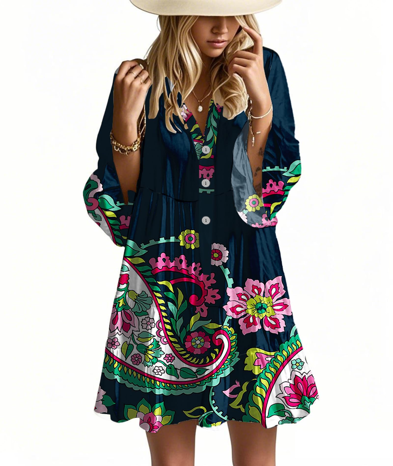 Photo 1 of Opemiby Summer Dresses for Women 2026 Flowy Ruffle 3/4 Sleeve V Neck Tiered Casual Babydoll Boho Beach Mini Dress Deep Blue Flowers M
