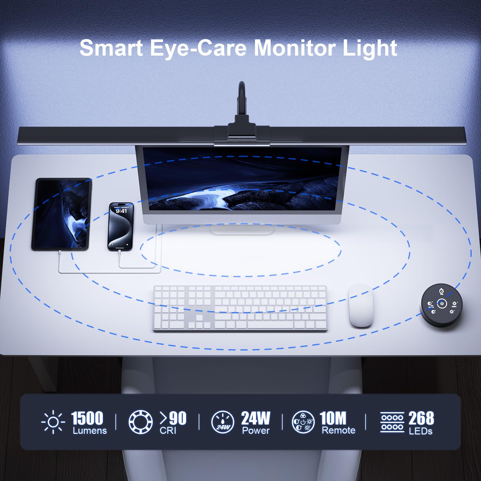 Lampara de Escritorio de LED 24W con Control Remoto - 1500LM 80CM Flexo LED Escritorio con Pinza Luz Leer Puerto de carga USB para Estudiar, Oficina, Negro