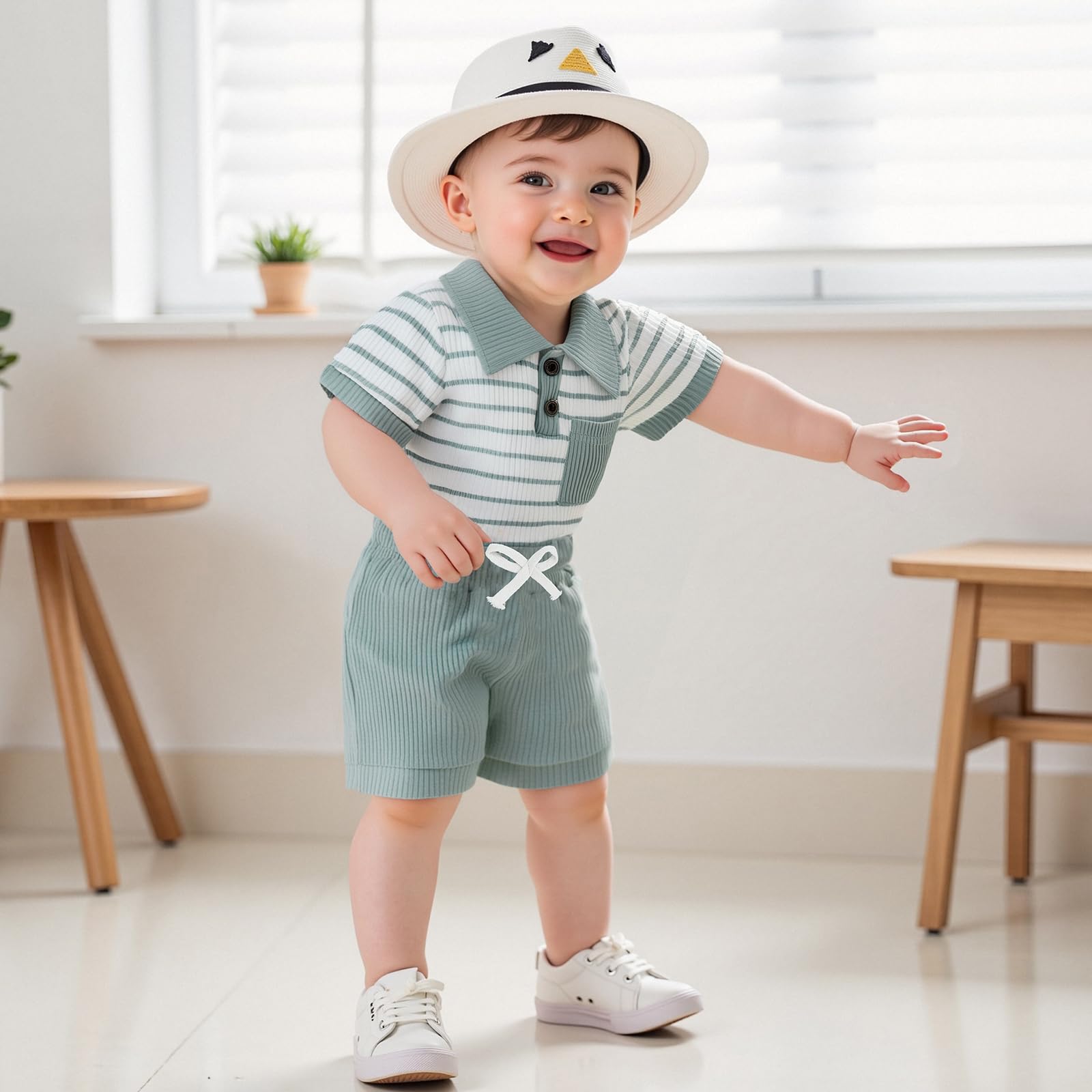 0-18M Baby Boy Summer Clothes Shorts Set Stripes Ribbed Bodysuit Polo Onesie Romper Tops Shorts Summer Outfit Set (Blue, 3-6 Months)