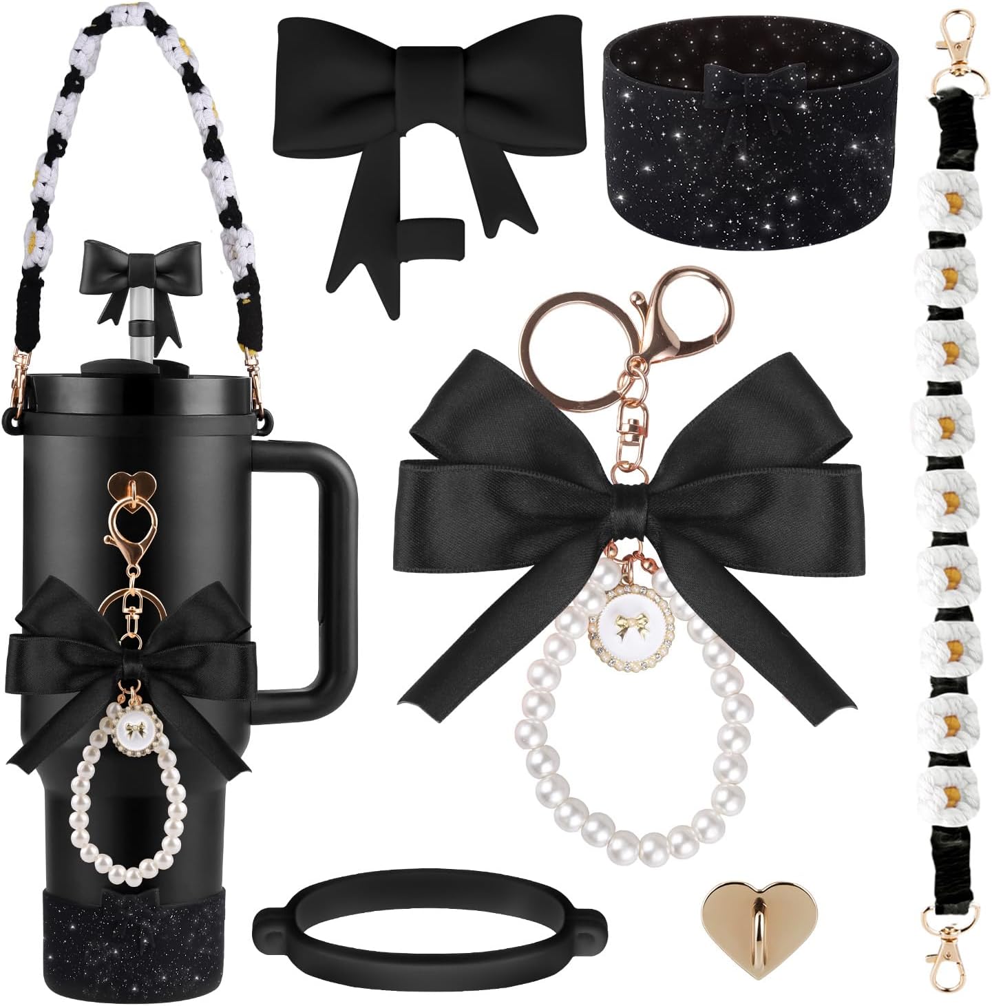 Fit for Stanley Cup Accessories Set,40oz & 30oz Tumbler Accessories Including Bow Straw Topper Cover,2.95in Silicone Bling Boot,Bow Pearl Charms,Water Bottle Handle Strap for Women