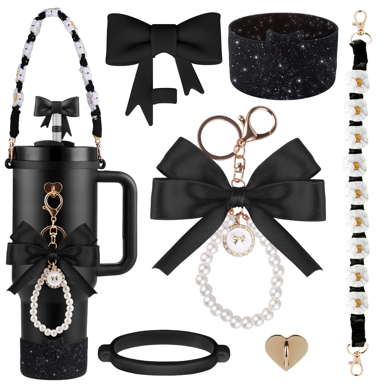 Wututir Fit for Stanley Cup Accessories Set,40oz & 30oz Tumbler Accessories Including Bow Straw Topper Cover,2.95in Silicone Bling Boot,Bow Pearl